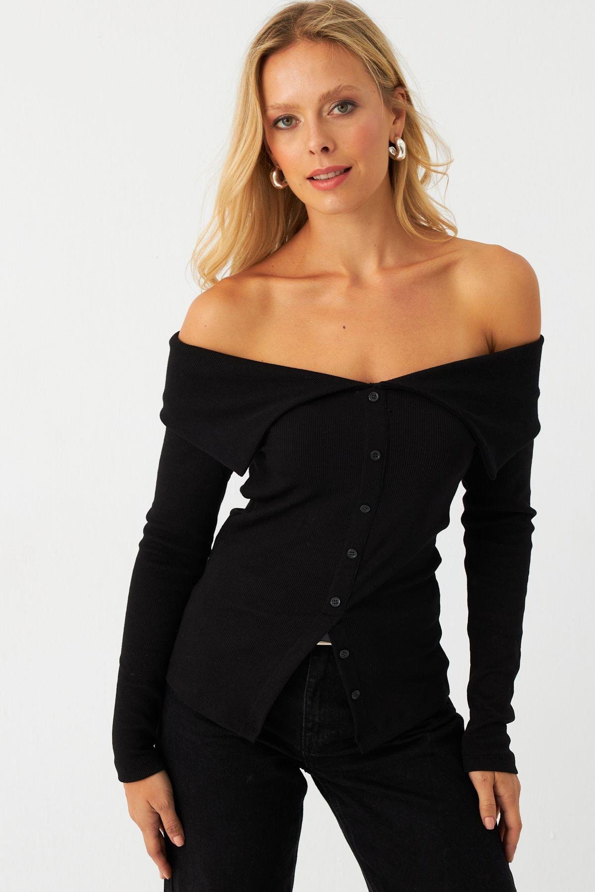 Kadın Siyah Kaşkorse Bluz RLO3032-9