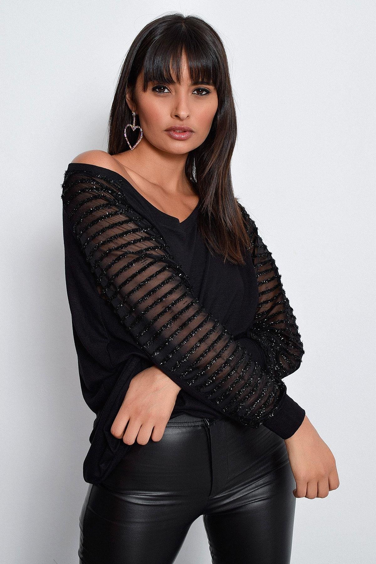 Kadın Siyah Kol Detaylı Bluz BK3027