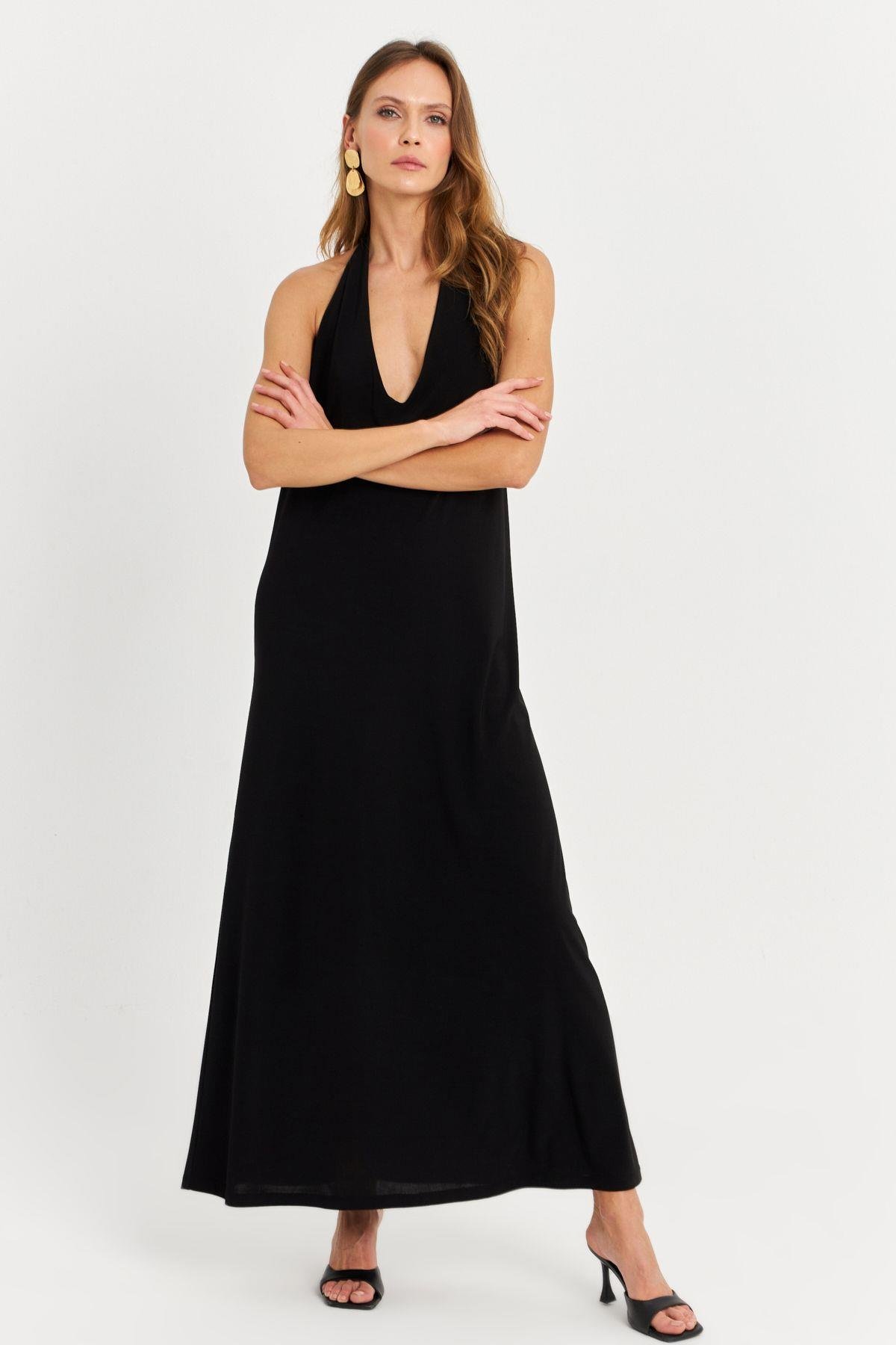 Kadın Siyah Kolsuz Midi Elbise TF73