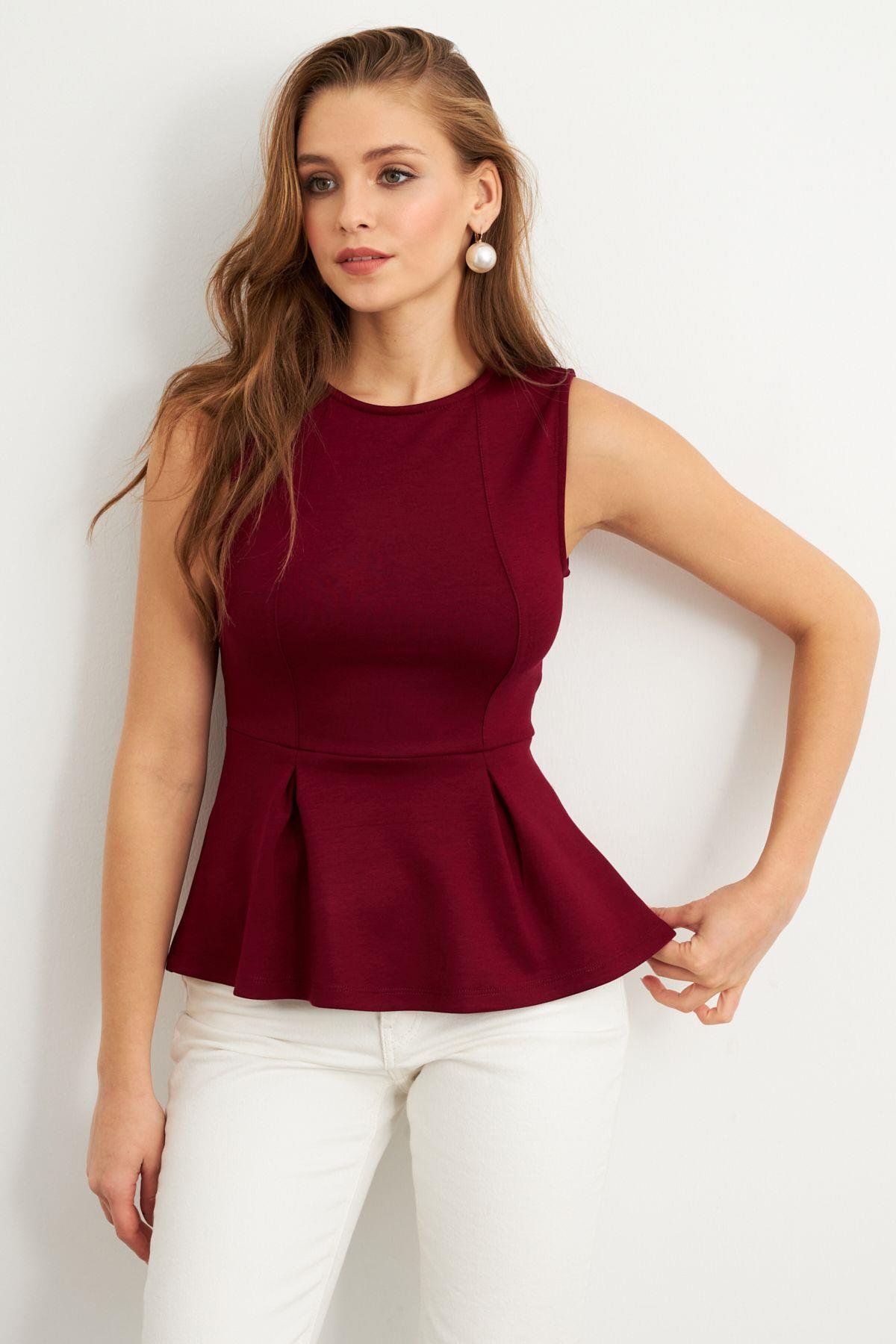 Kadın Siyah Kolsuz Peplum Bluz FLU7257
