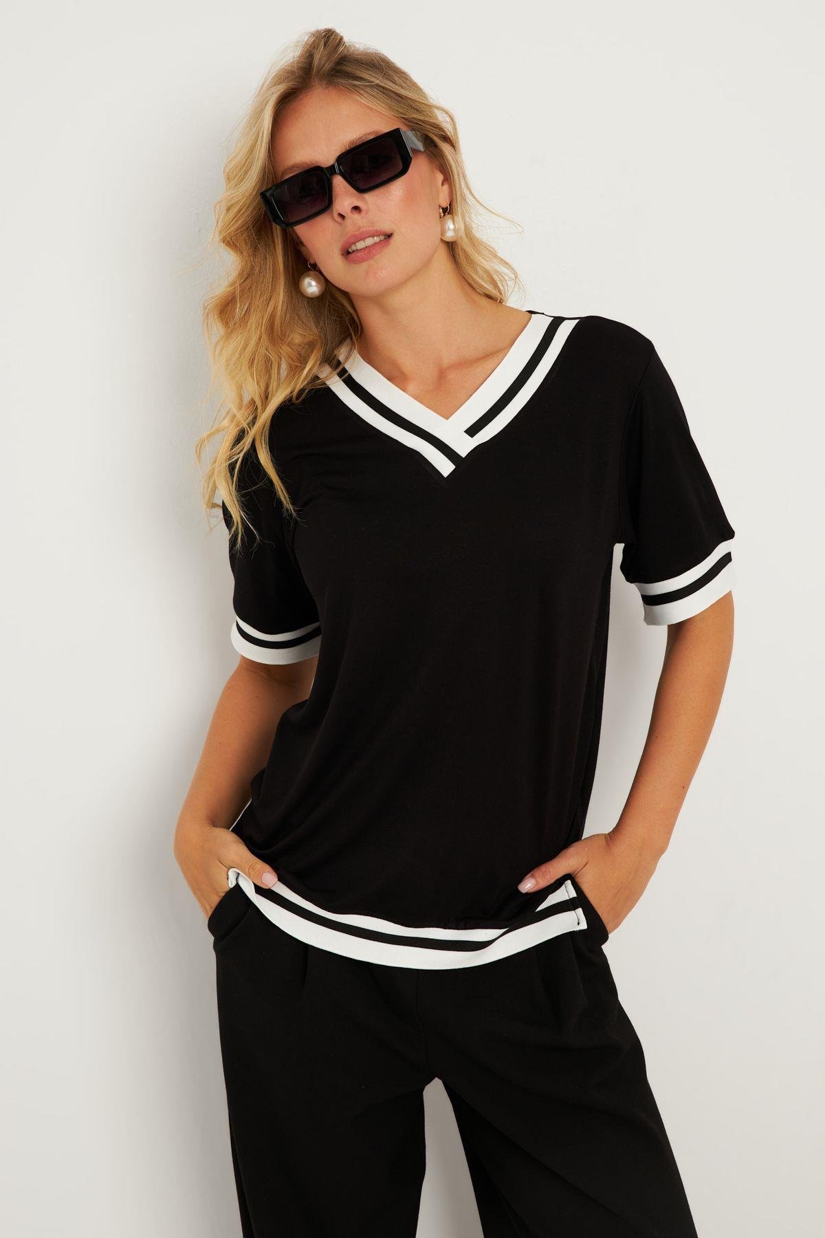 Kadın Siyah Kontrast Bluz ST836