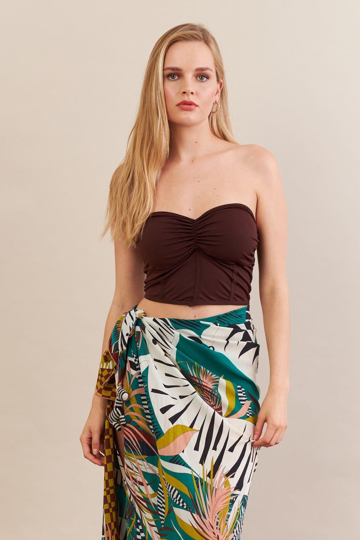 Kadın Siyah Korse Dikişli Crop Bluz AN6025