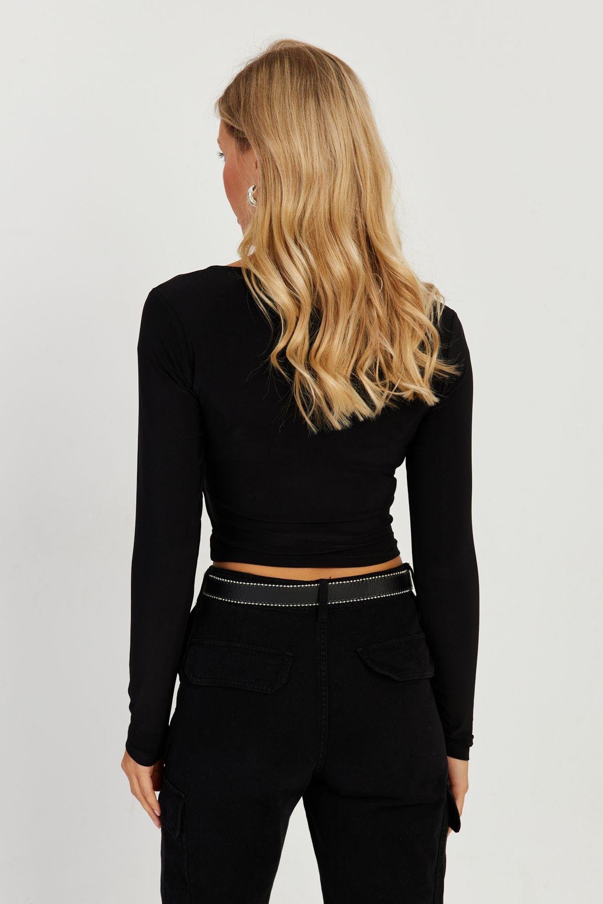 Kadın Siyah Kruvaze Crop Bluz LPP1252