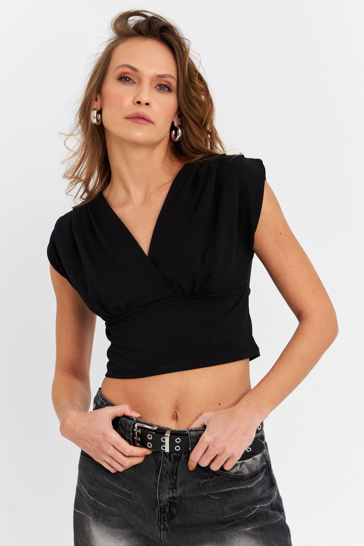 Kadın Siyah Kruvaze Crop Bluz SDY1234