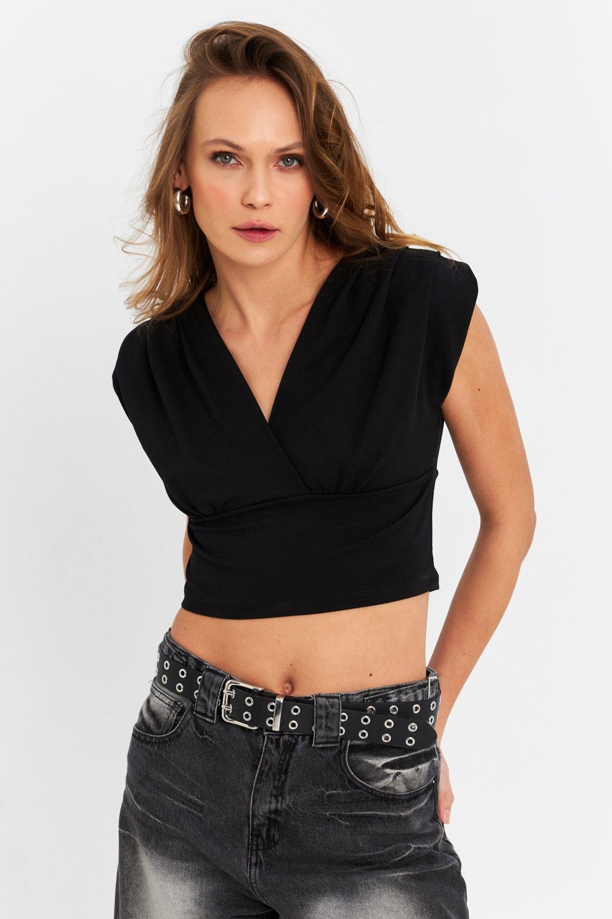 Kadın Siyah Kruvaze Crop Bluz SDY1234