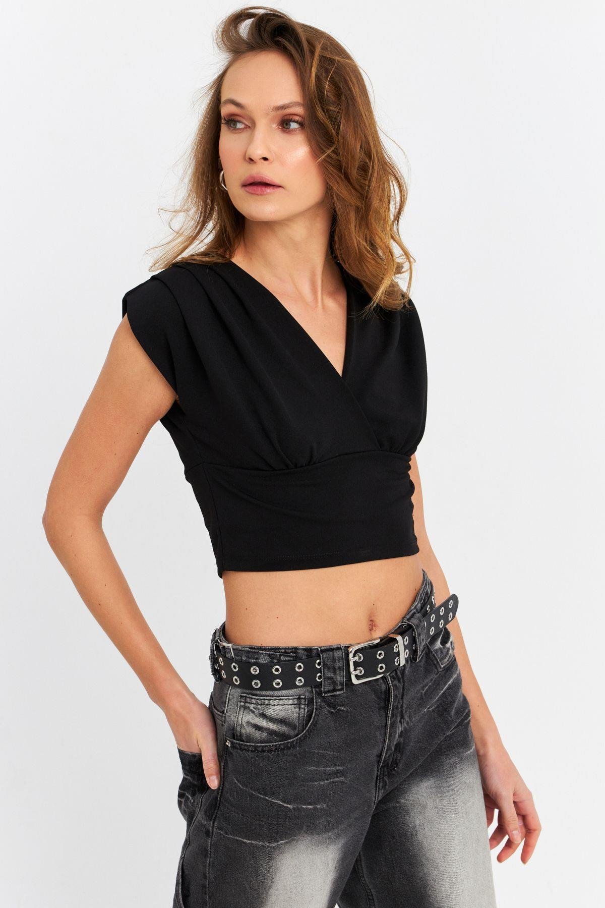Kadın Siyah Kruvaze Crop Bluz SDY1234