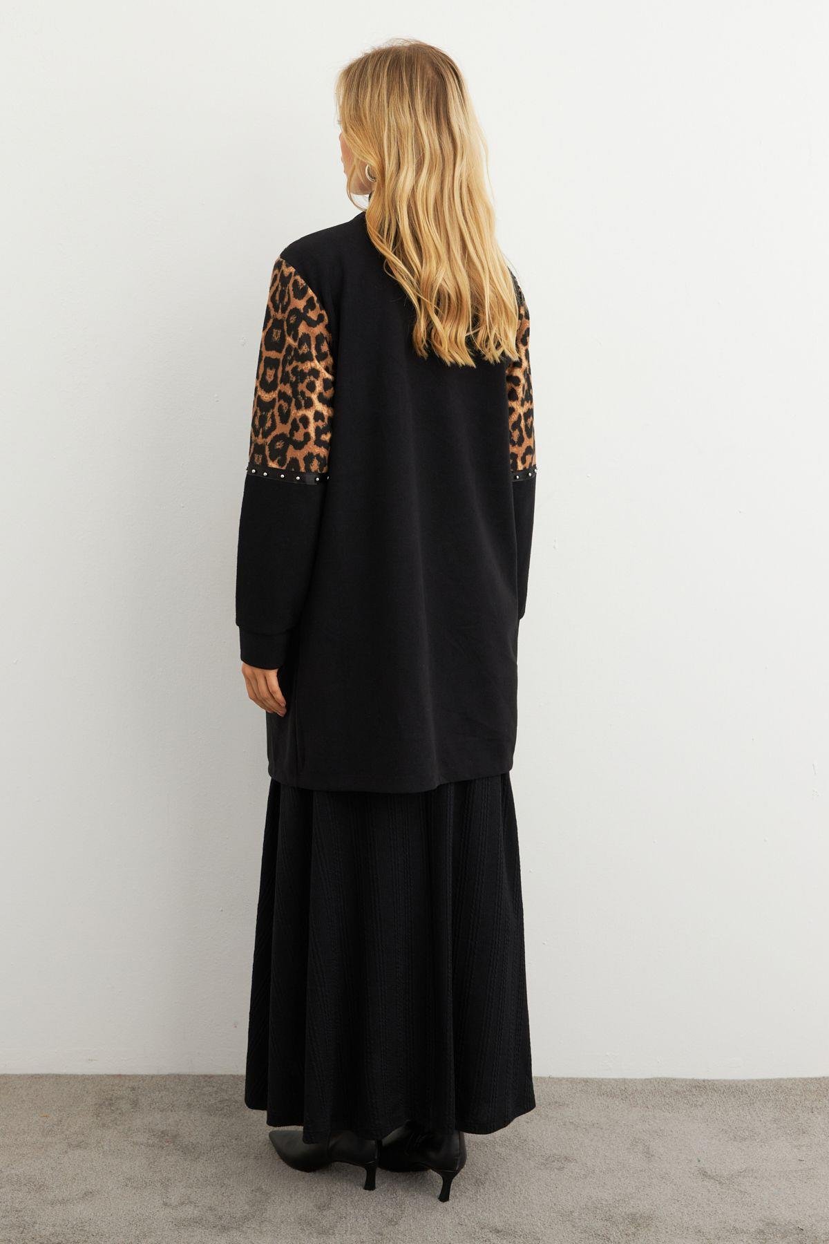 Kadın Siyah Leopar Bloklu Hırka MPK812