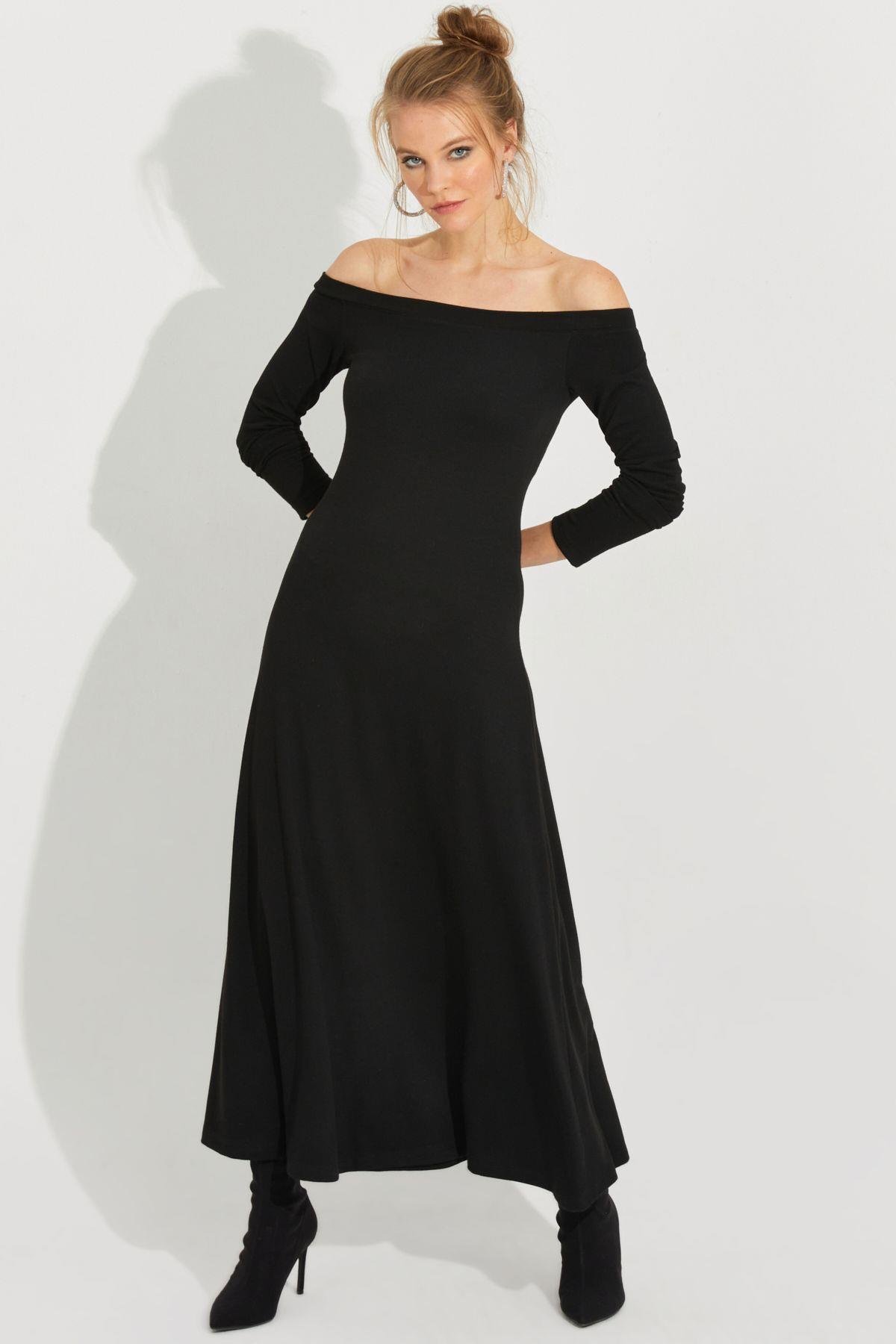 Kadın Siyah Madonna Yaka Midi Elbise BK272076