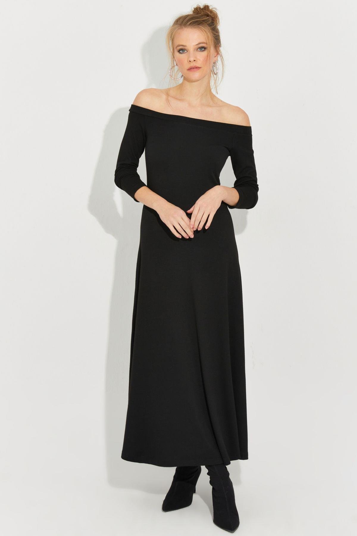 Kadın Siyah Madonna Yaka Midi Elbise BK272076