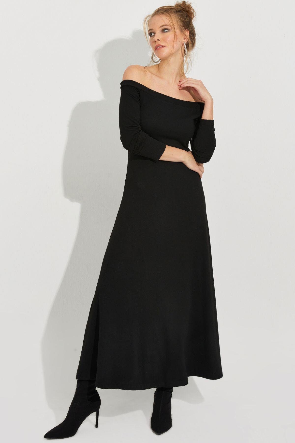 Kadın Siyah Madonna Yaka Midi Elbise BK272076