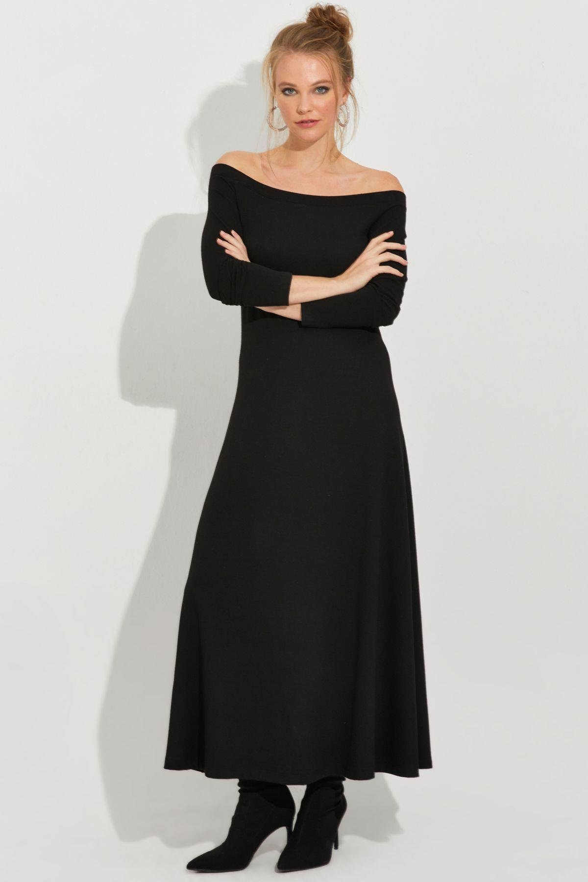 Kadın Siyah Madonna Yaka Midi Elbise BK272076