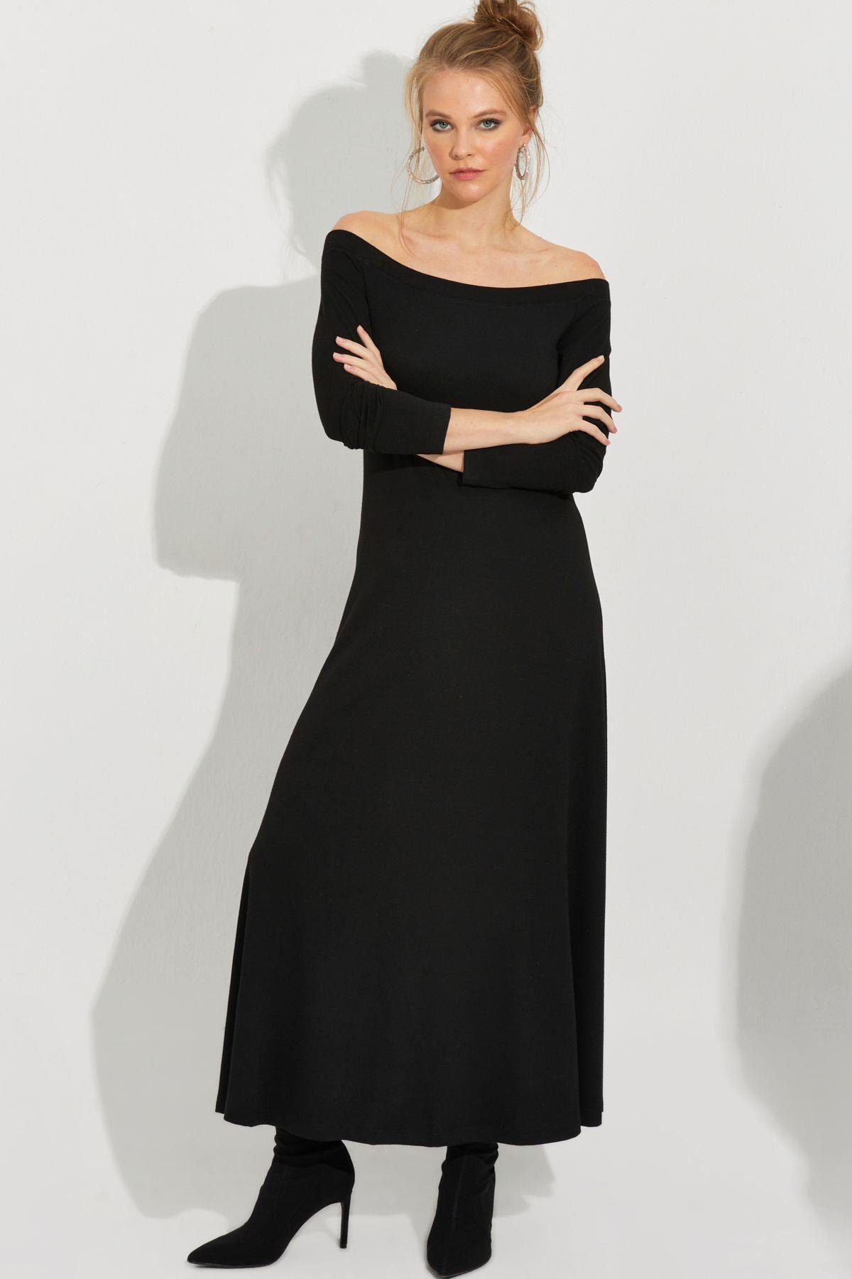 Kadın Siyah Madonna Yaka Midi Elbise BK272076