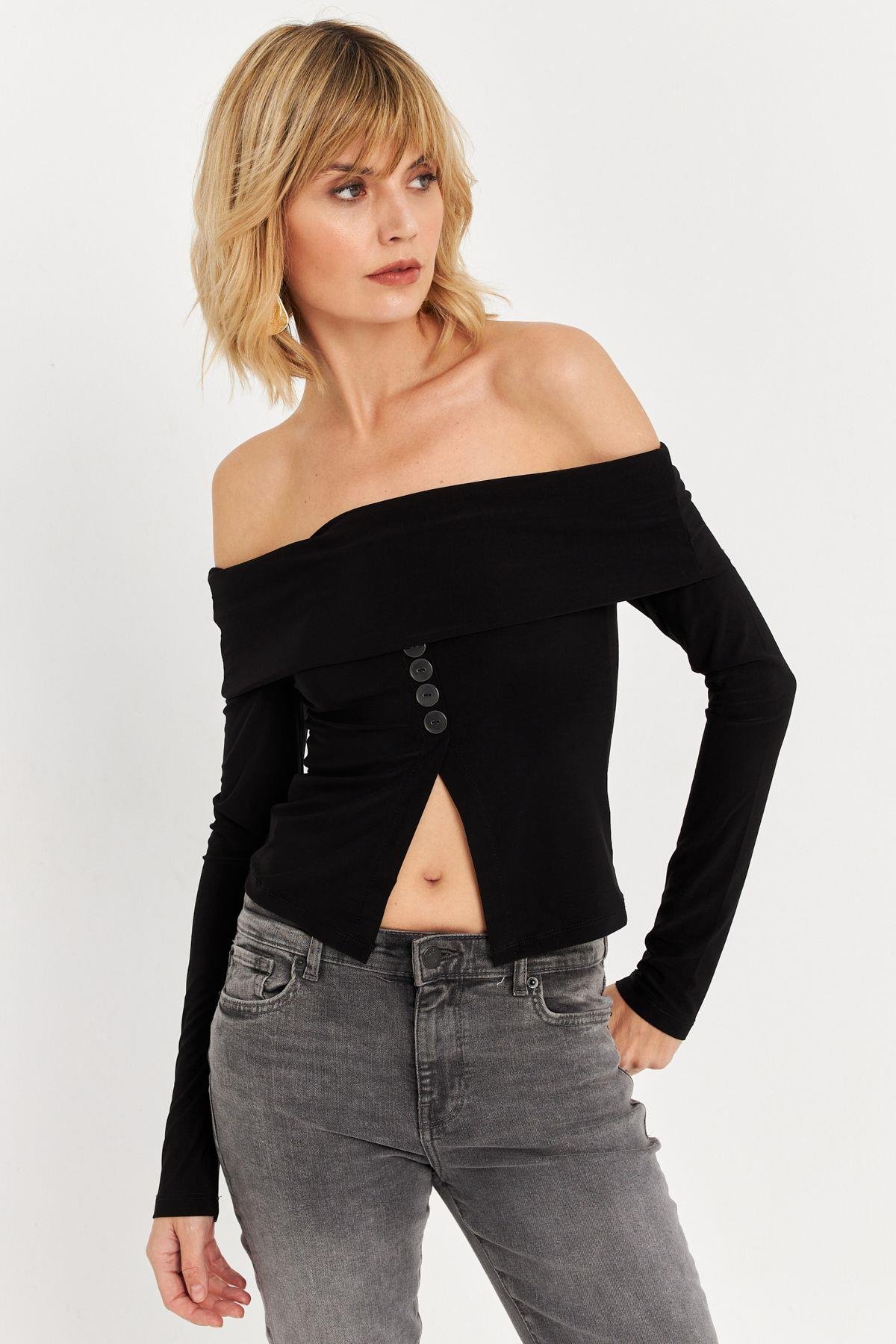 Kadın Siyah Madonna Yaka Yırtmaçlı Crop Bluz ELT4034