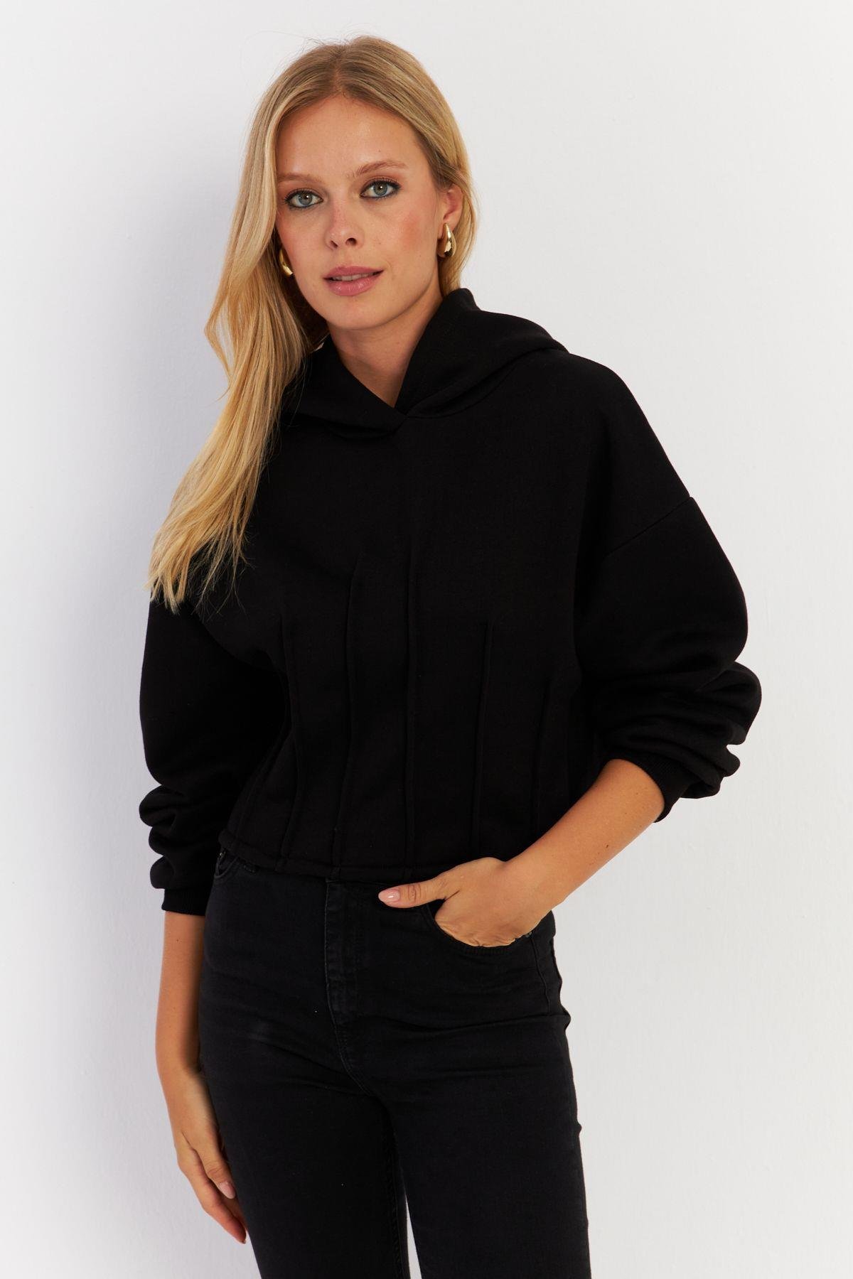 Kadın Siyah Nervüllü Üç İplik Sweatshirt TF13