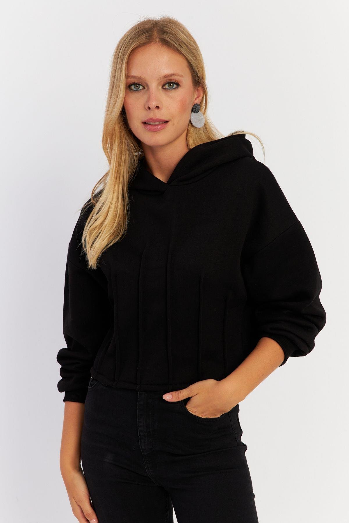 Kadın Siyah Nervüllü Üç İplik Sweatshirt TF13
