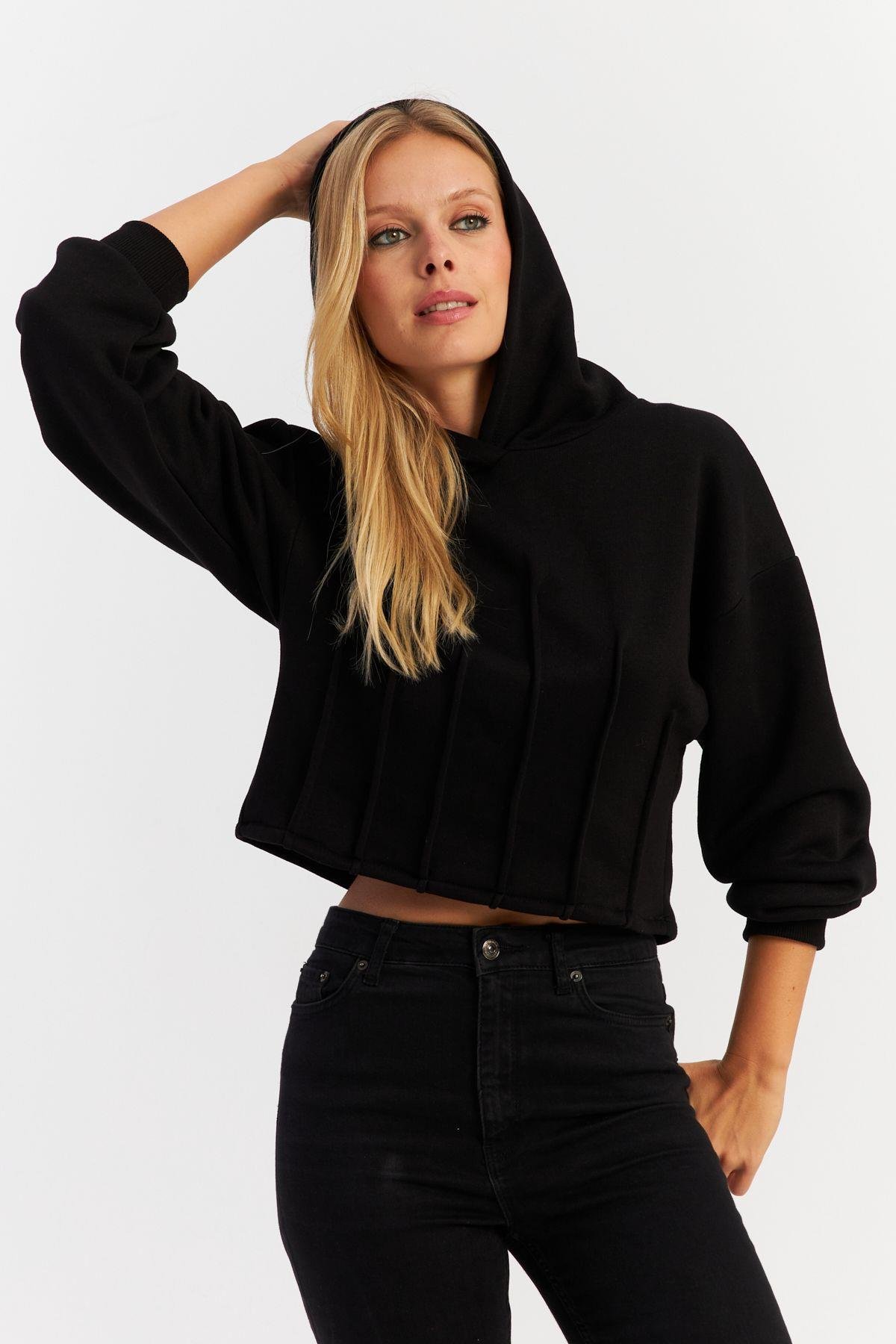 Kadın Siyah Nervüllü Üç İplik Sweatshirt TF13