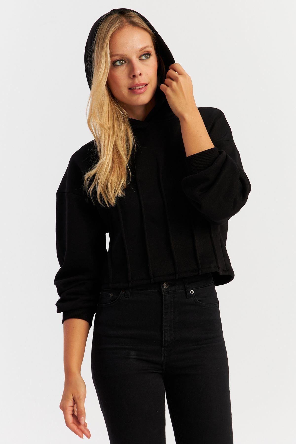 Kadın Siyah Nervüllü Üç İplik Sweatshirt TF13