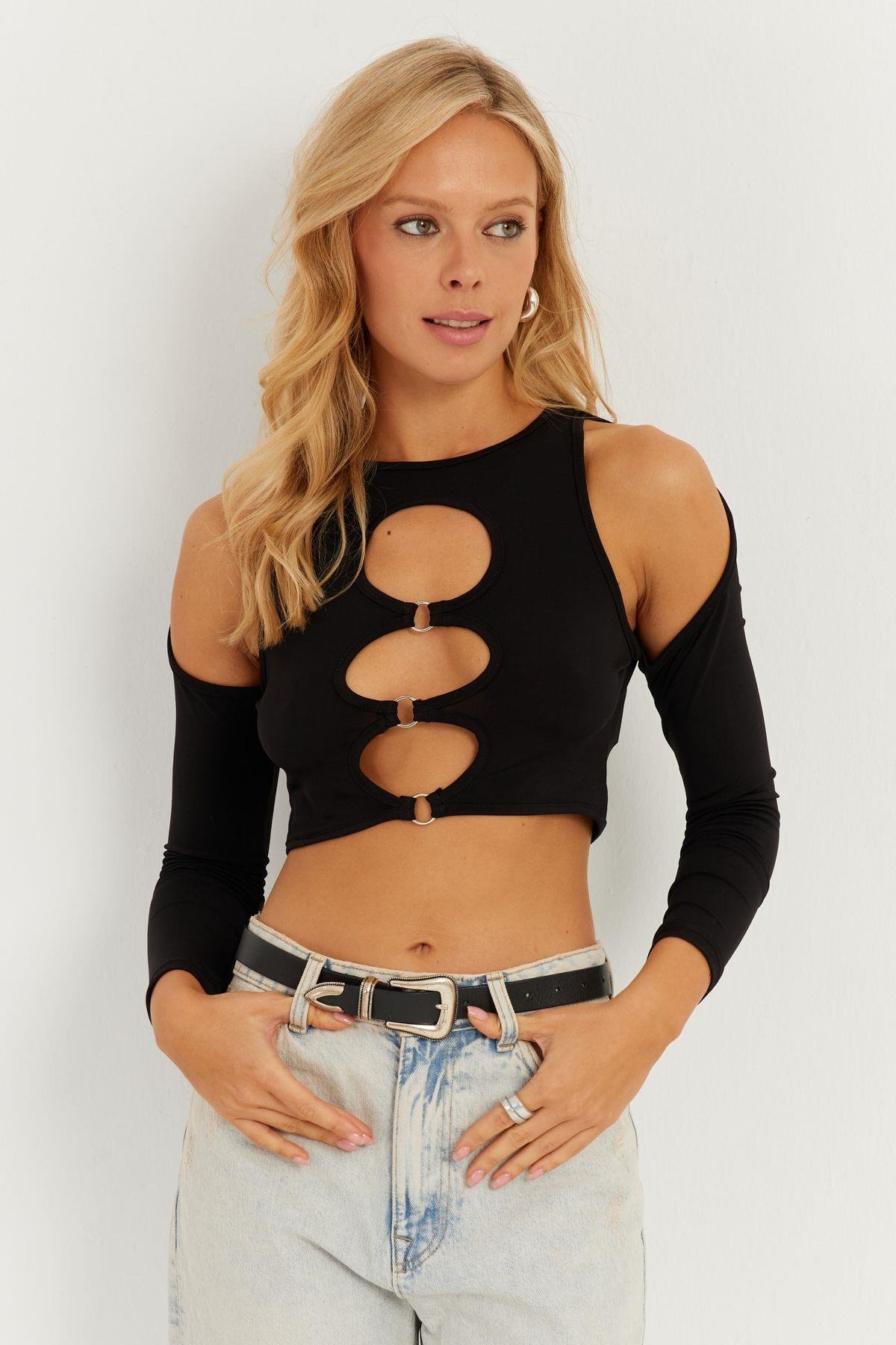 Kadın Siyah Önü Halkalı Crop Bluz MEN2038