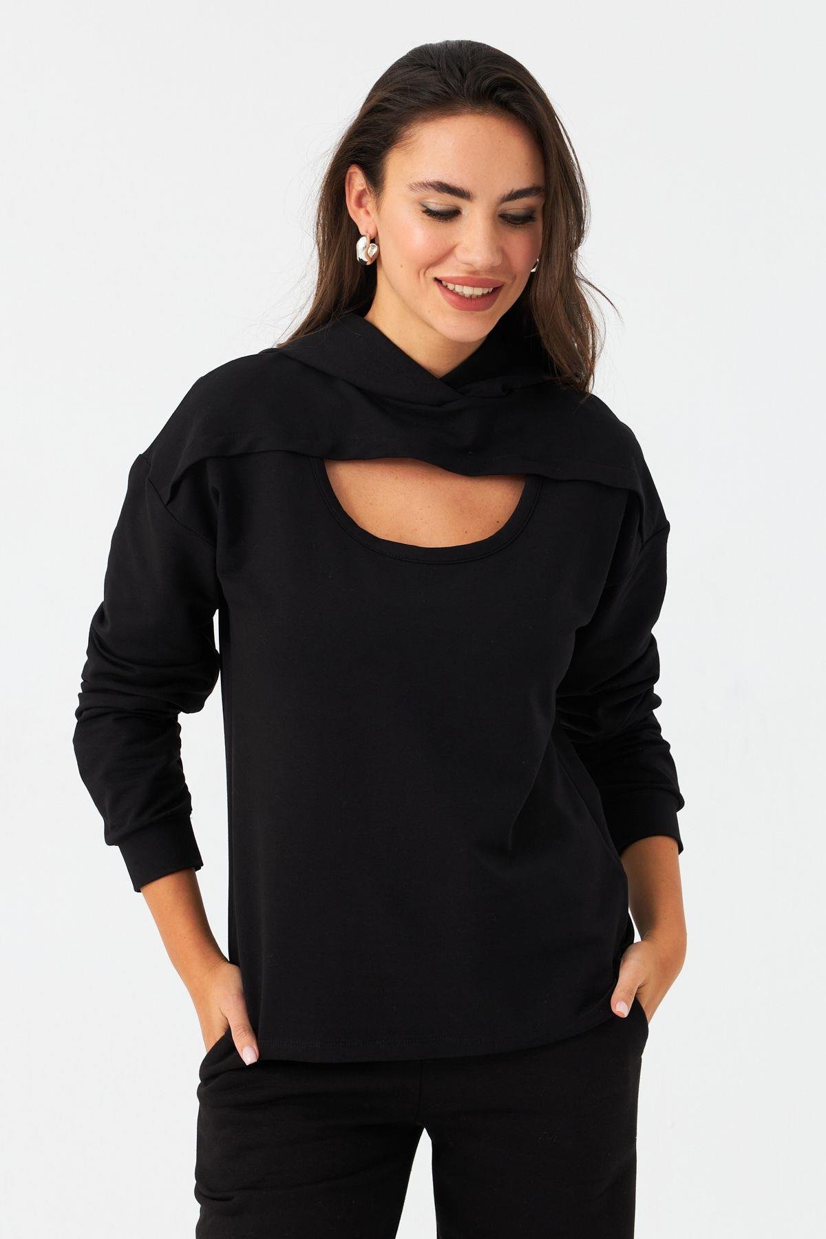 Kadın Siyah Önü Pencereli Kapüşonlu Sweatshirt TF38