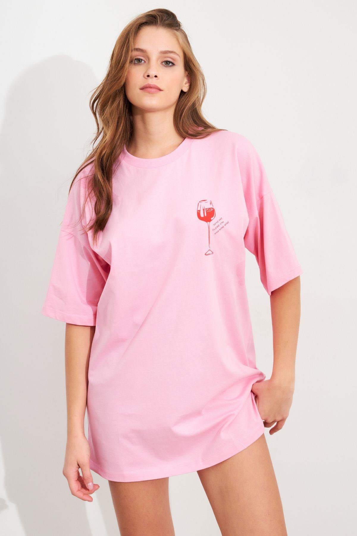 Kadın Siyah Oversize Pijama T-Shirt TPG14