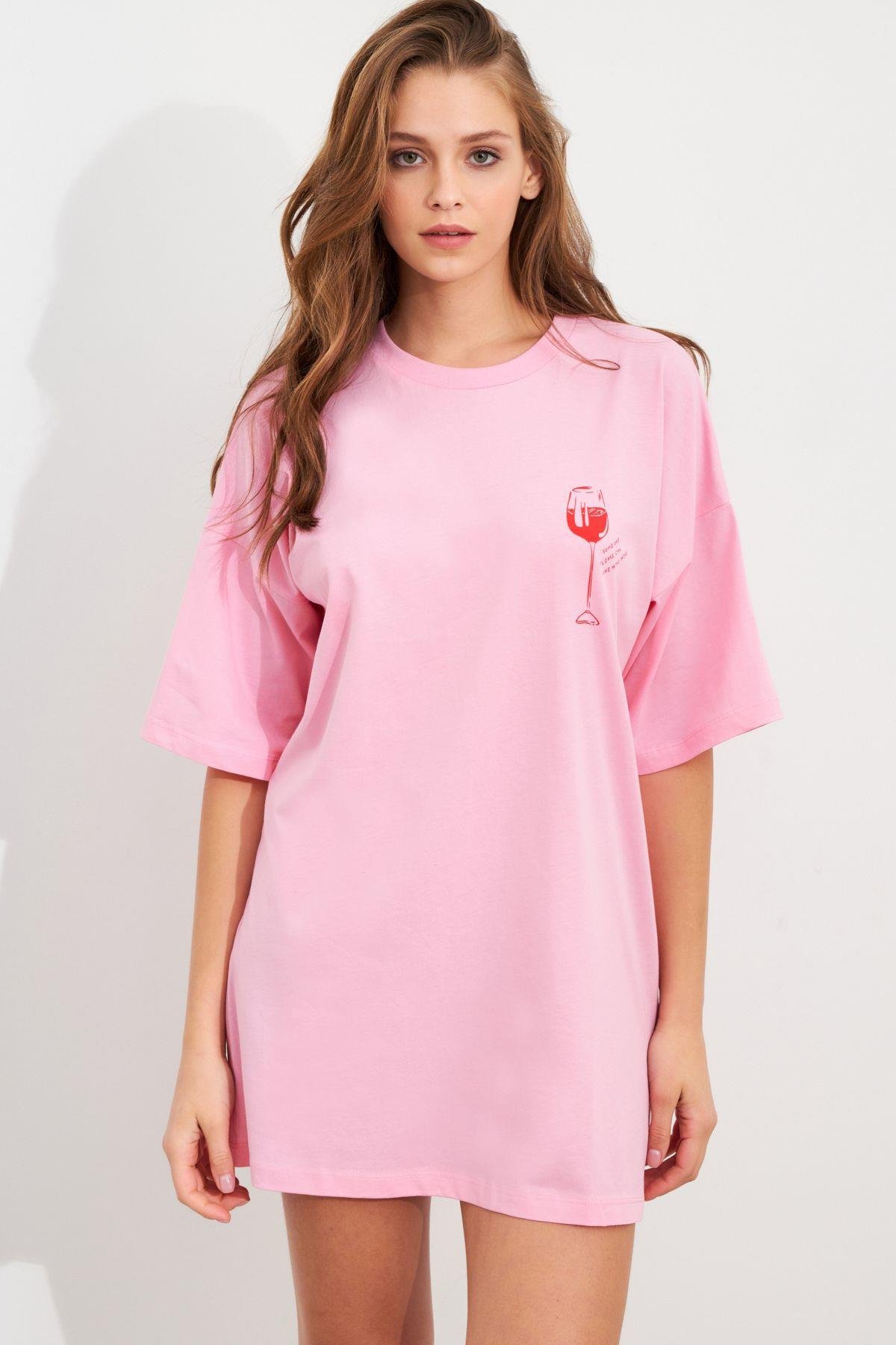 Kadın Siyah Oversize Pijama T-Shirt TPG14