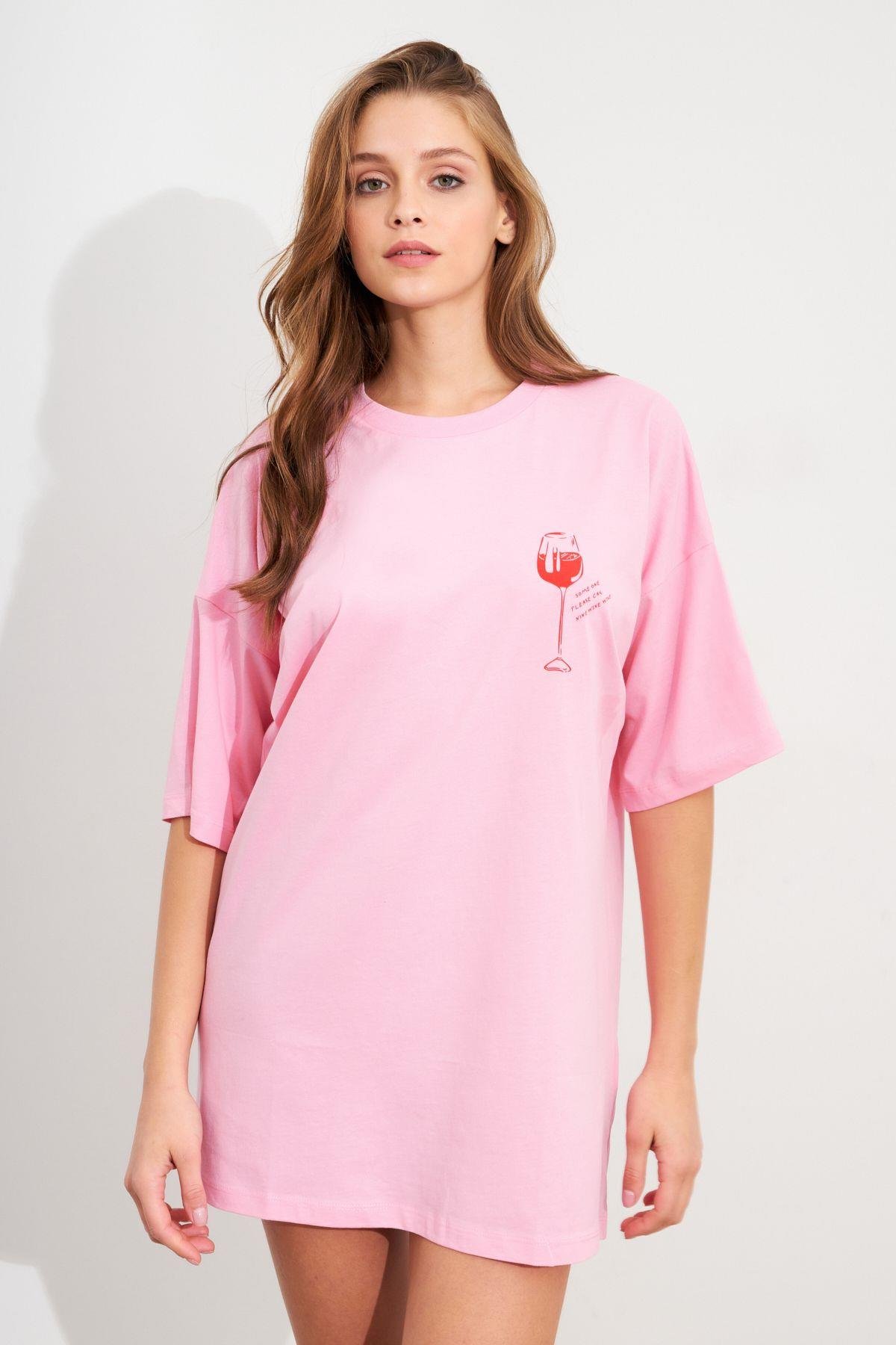 Kadın Siyah Oversize Pijama T-Shirt TPG14