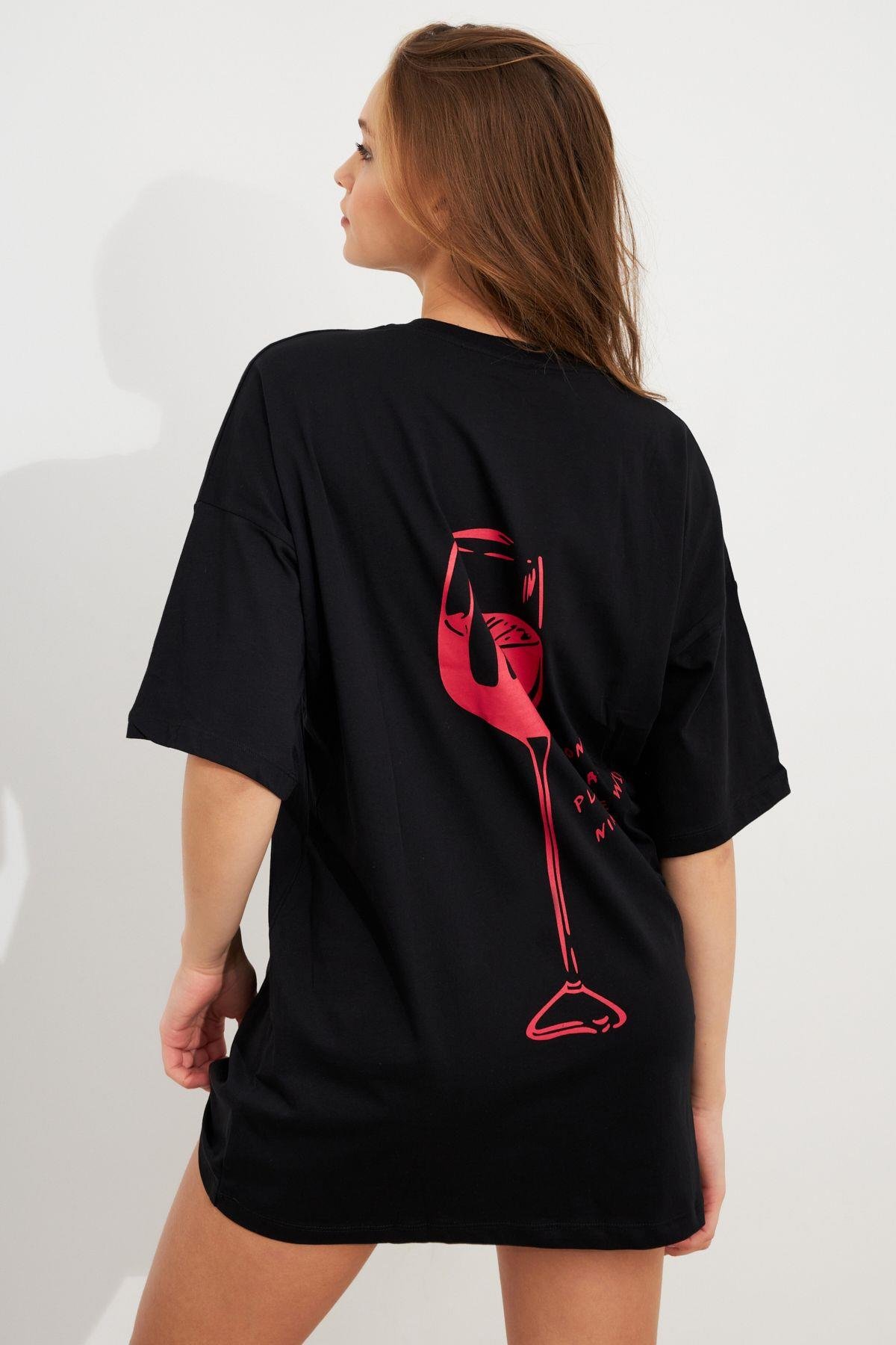 Kadın Siyah Oversize Pijama T-Shirt TPG14