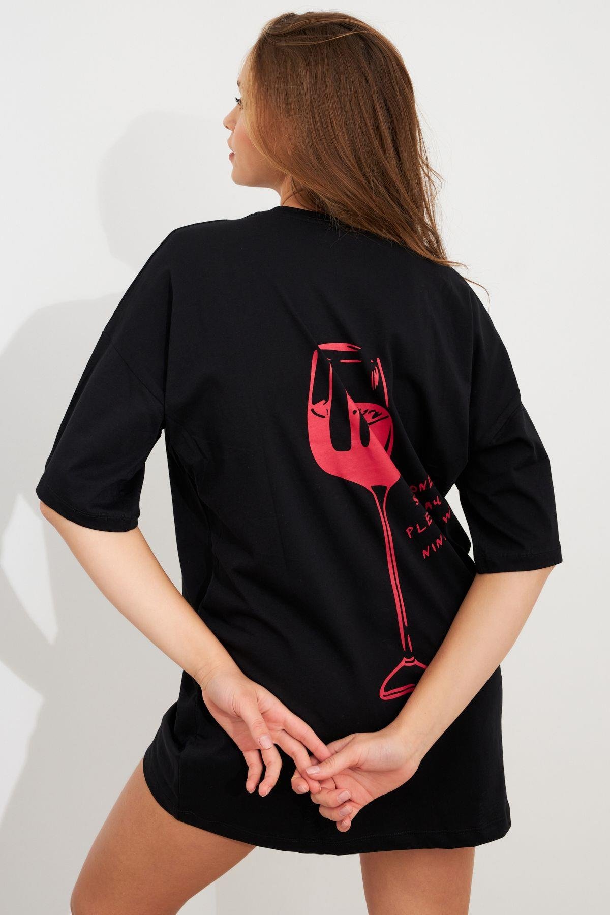 Kadın Siyah Oversize Pijama T-Shirt TPG14