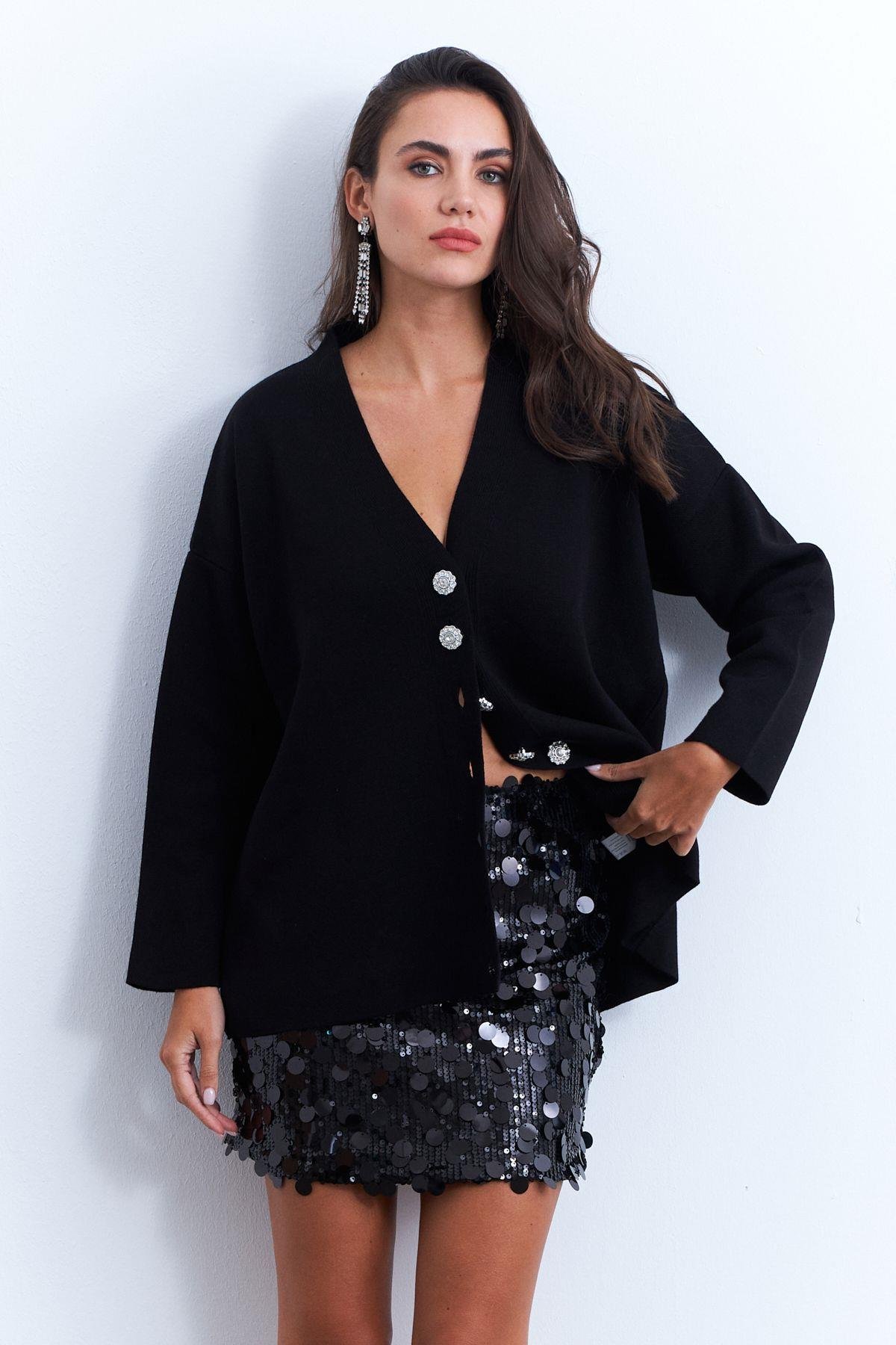 Kadın Siyah Payetli Astarlı Mini Etek YNT2442