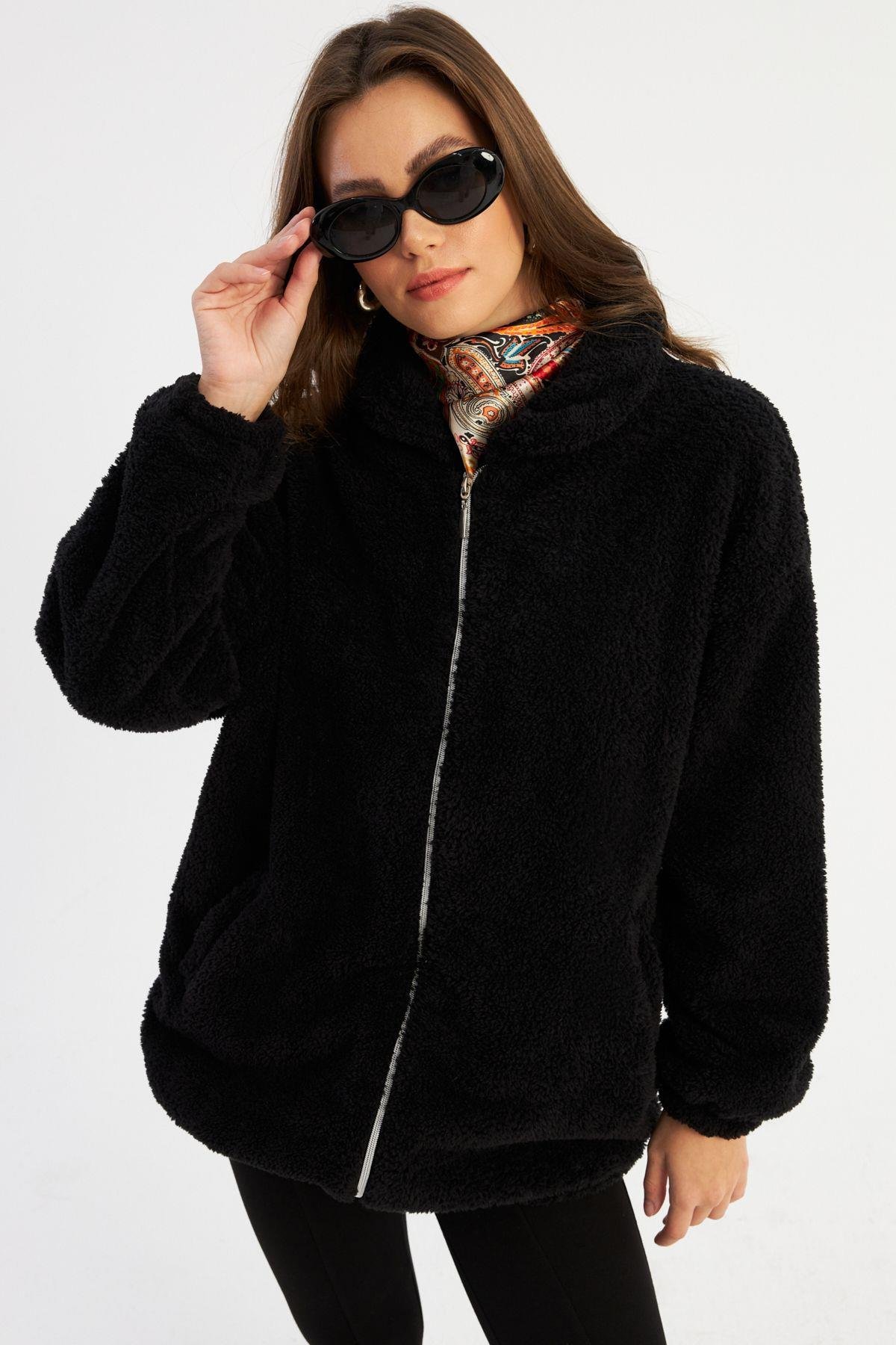 Kadın Siyah Peluş Mont MLYT58
