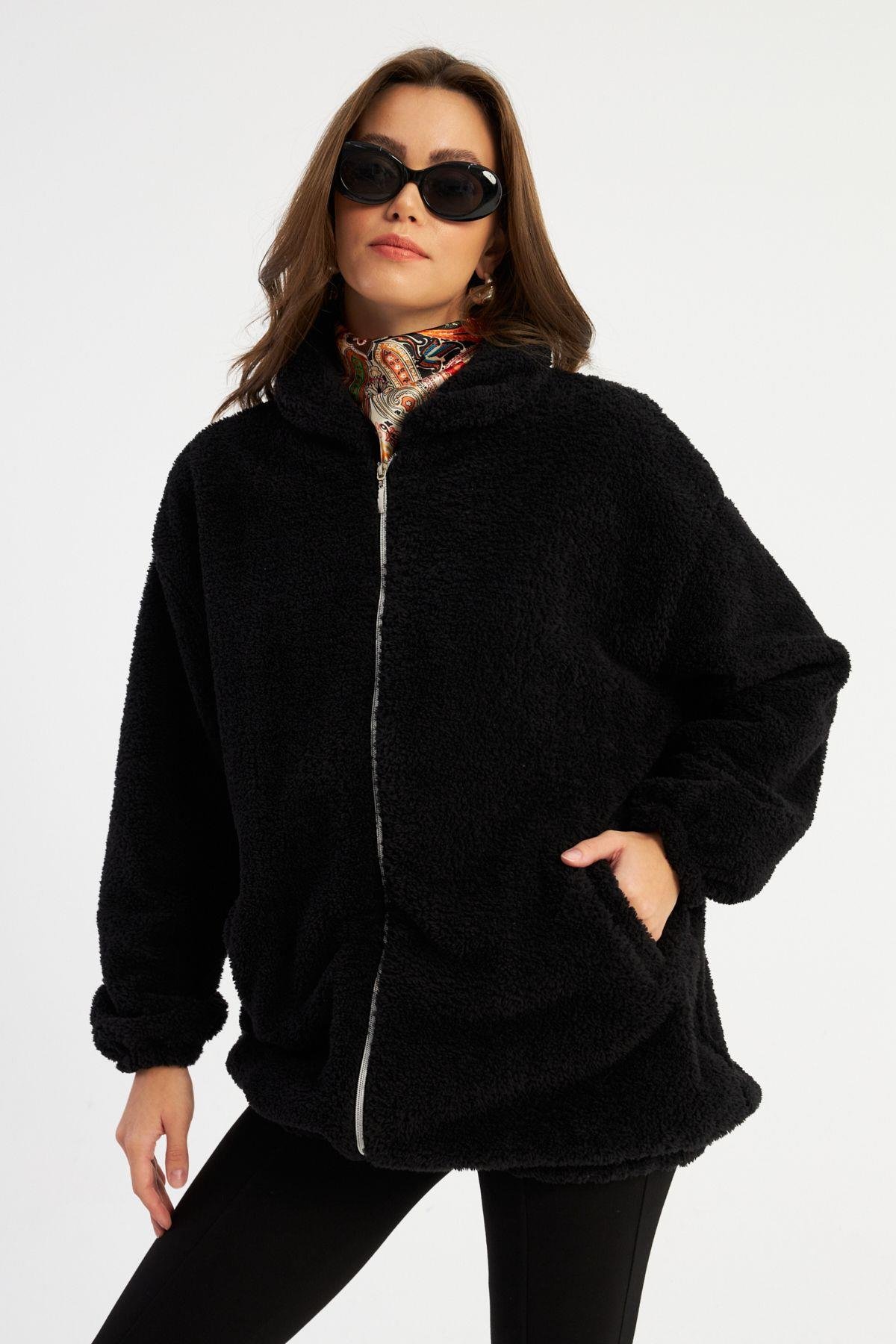 Kadın Siyah Peluş Mont MLYT58
