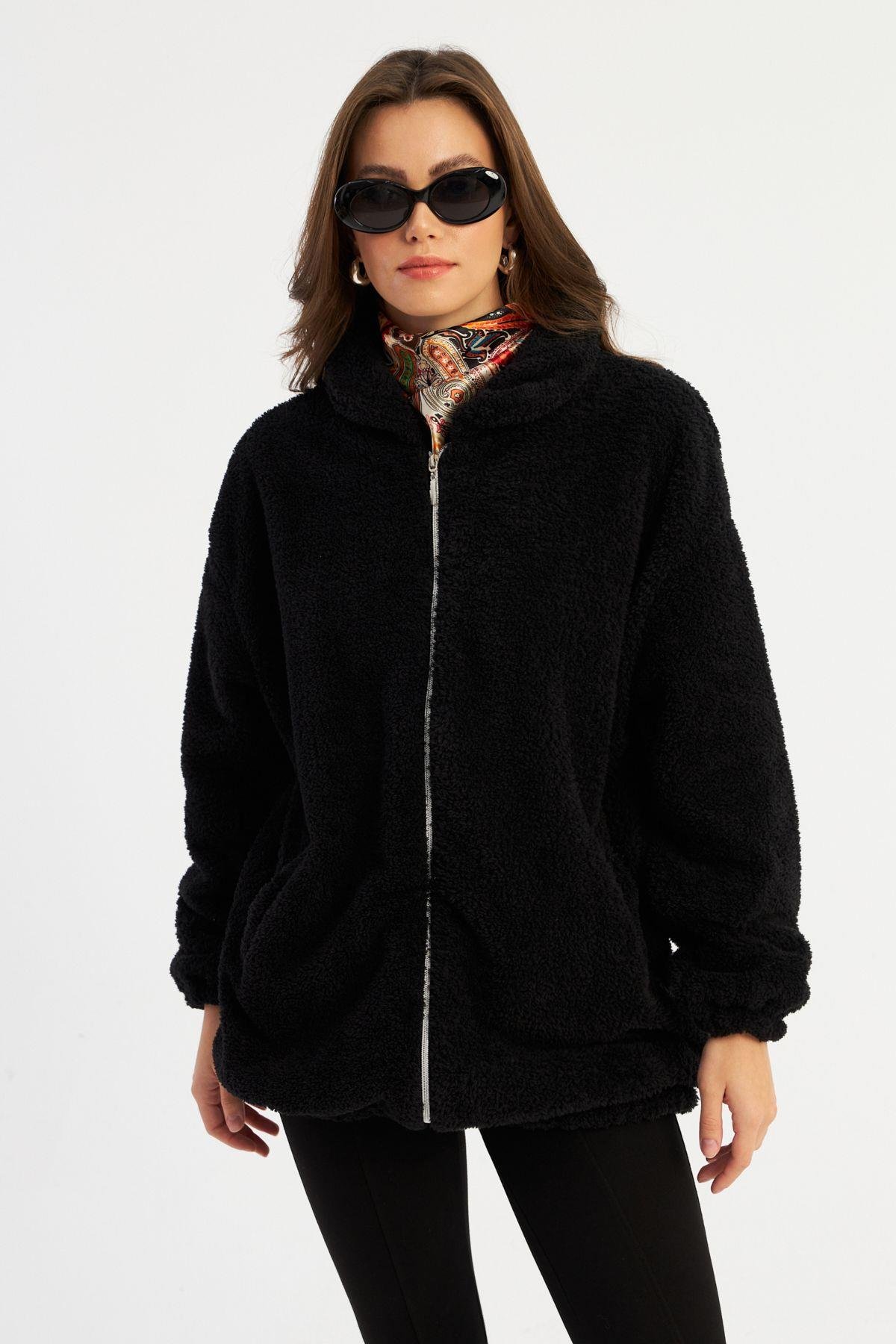 Kadın Siyah Peluş Mont MLYT58