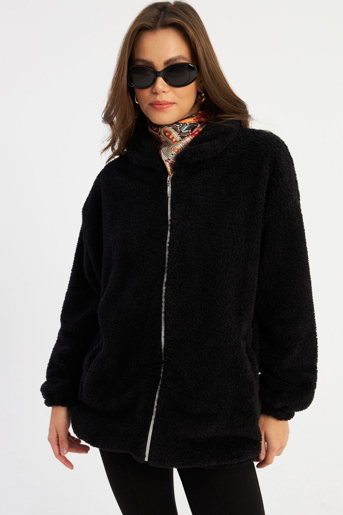Kadın Siyah Peluş Mont MLYT58