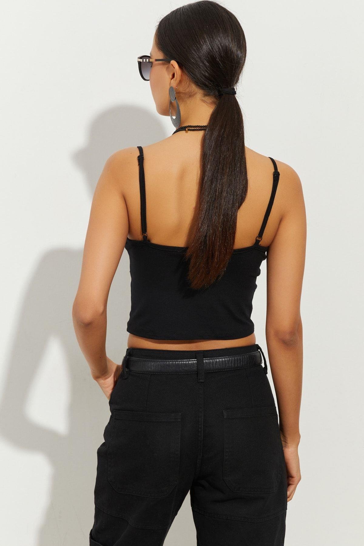 Kadın Siyah Pencereli Crop Bluz B2441