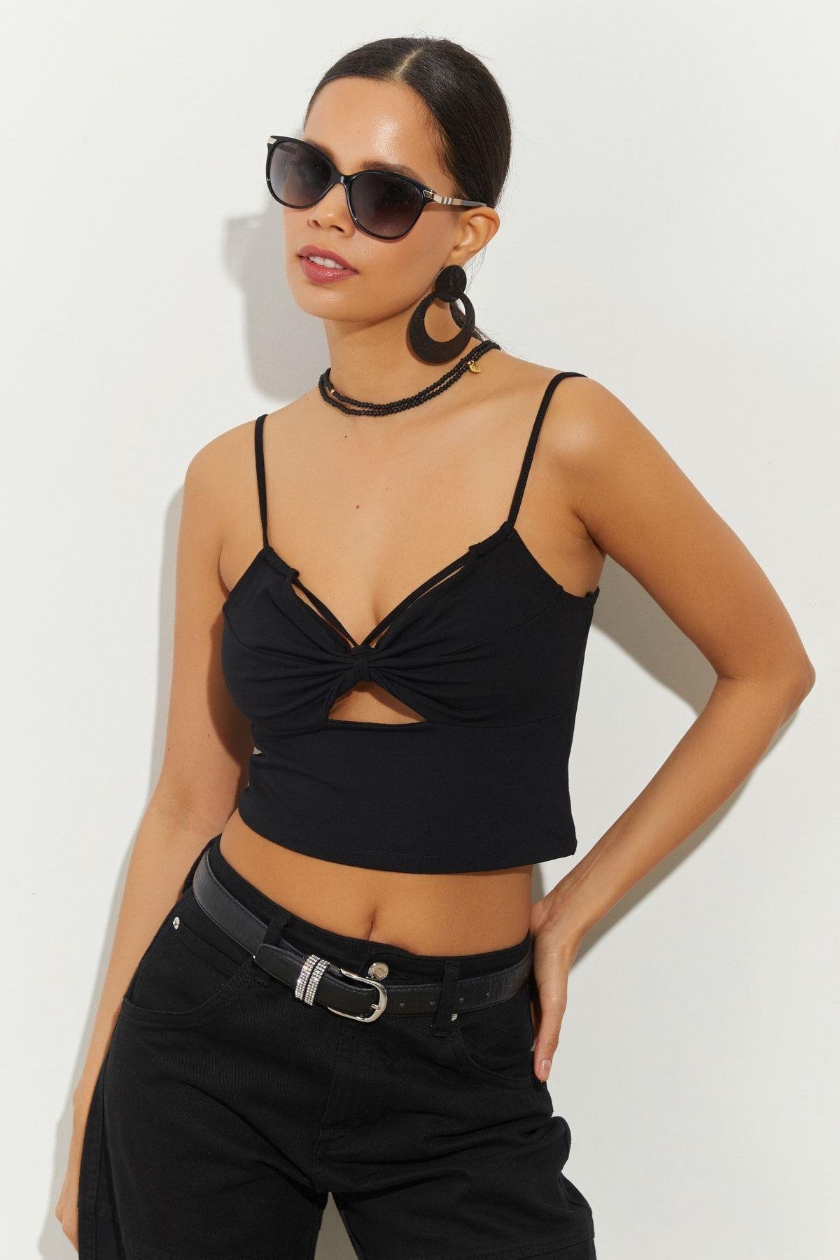 Kadın Siyah Pencereli Crop Bluz B2441