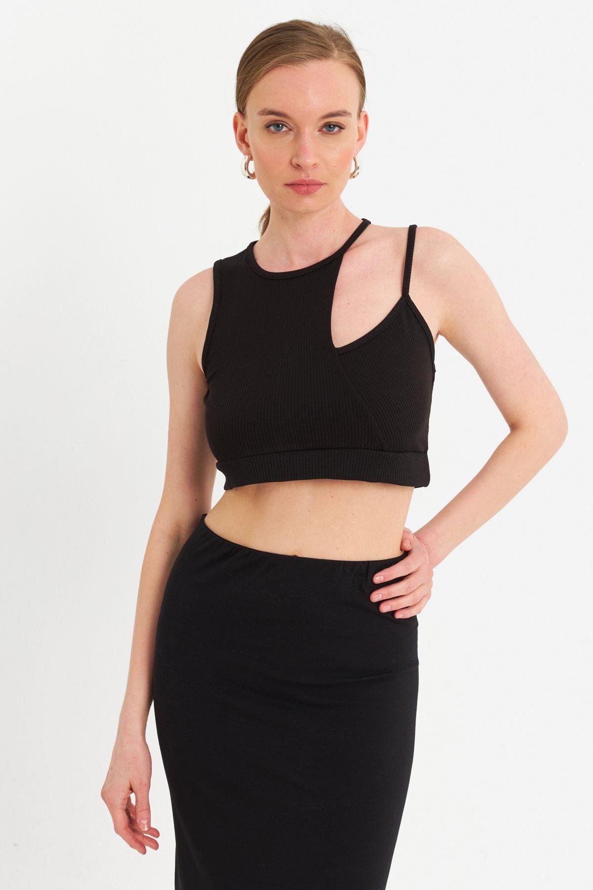 Kadın Siyah Pencereli Crop Bluz UR875