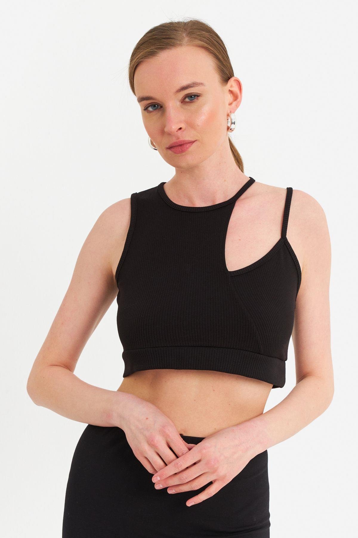 Kadın Siyah Pencereli Crop Bluz UR875