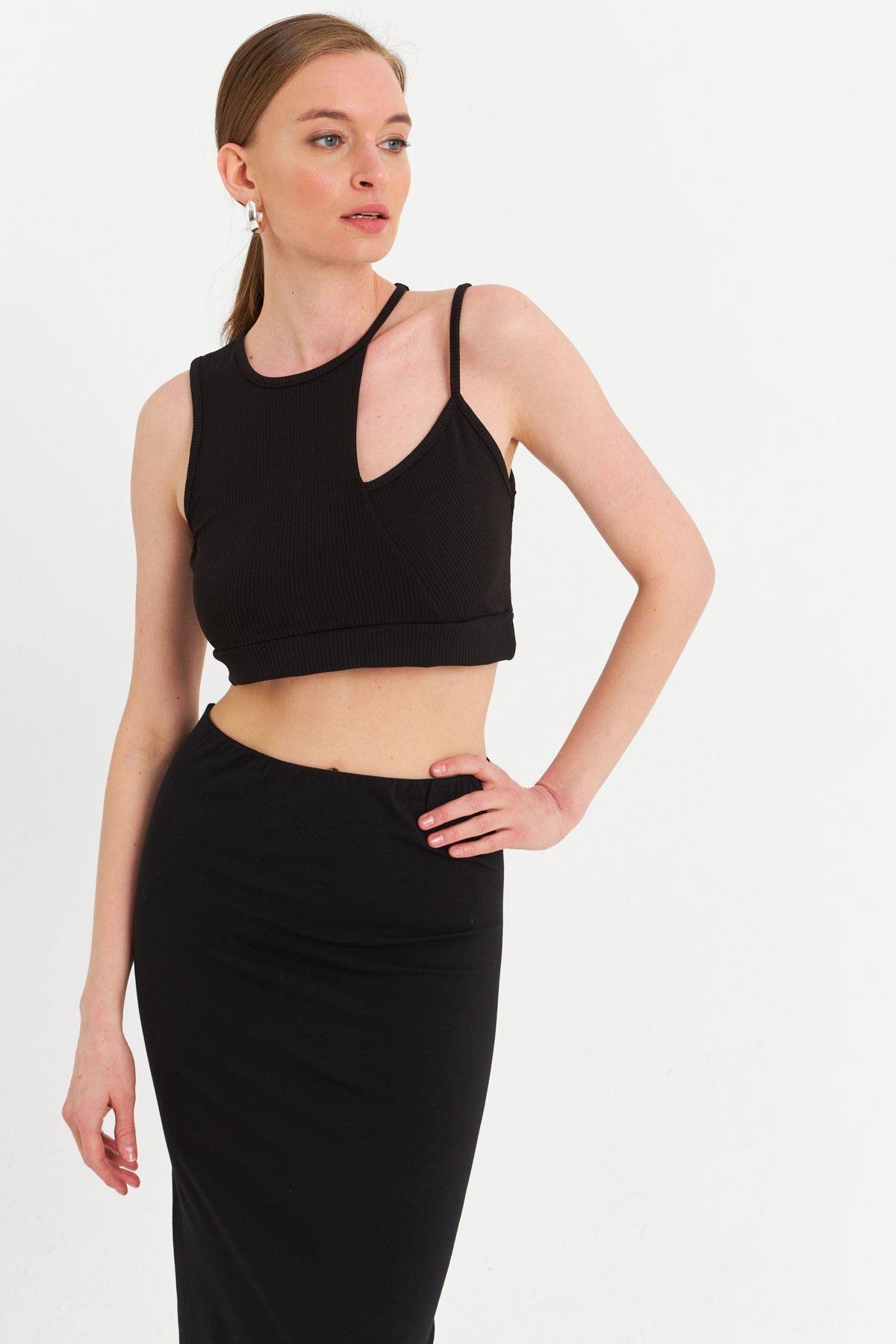 Kadın Siyah Pencereli Crop Bluz UR875