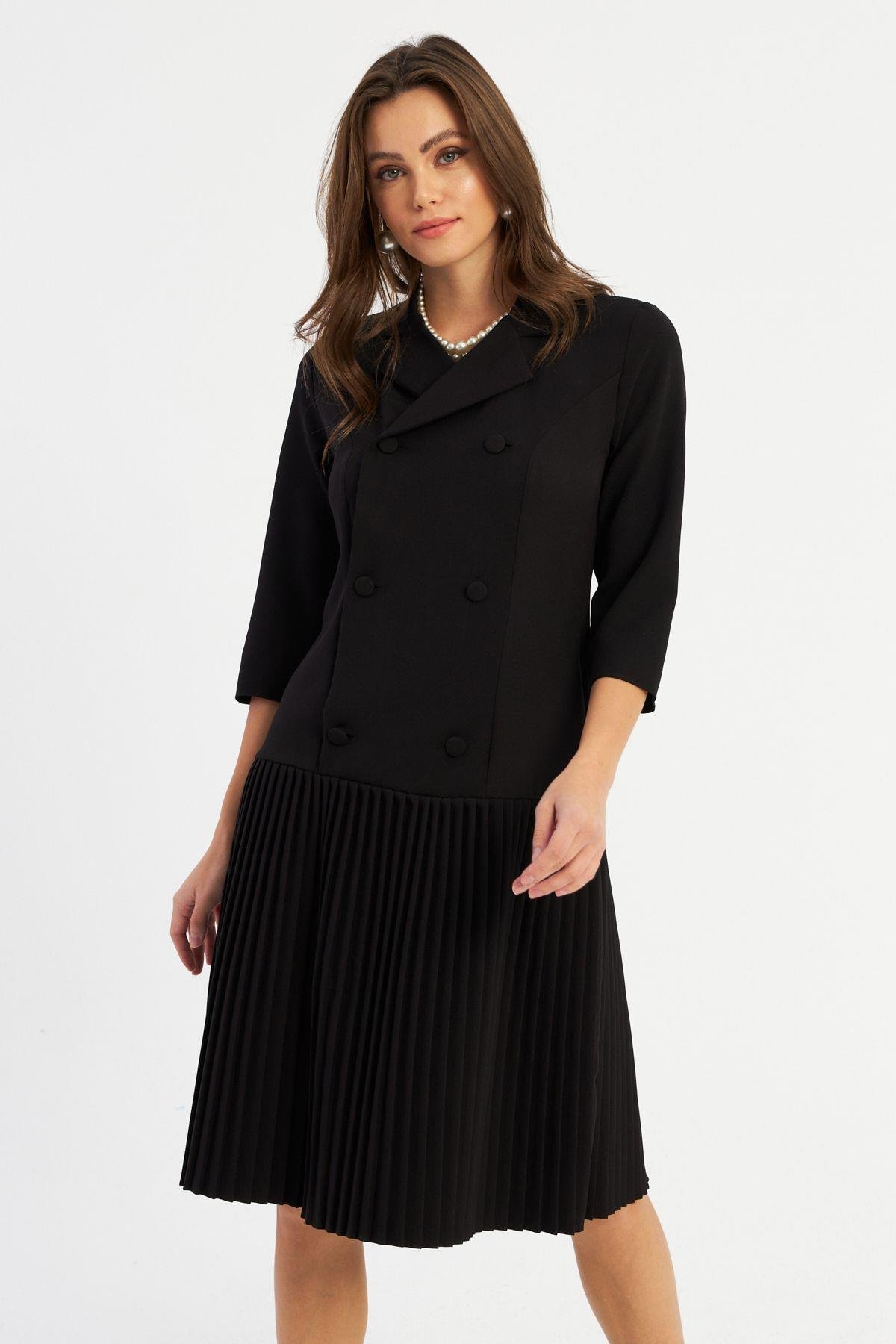 Kadın Siyah Pileli Blazer Midi Elbise MERA100