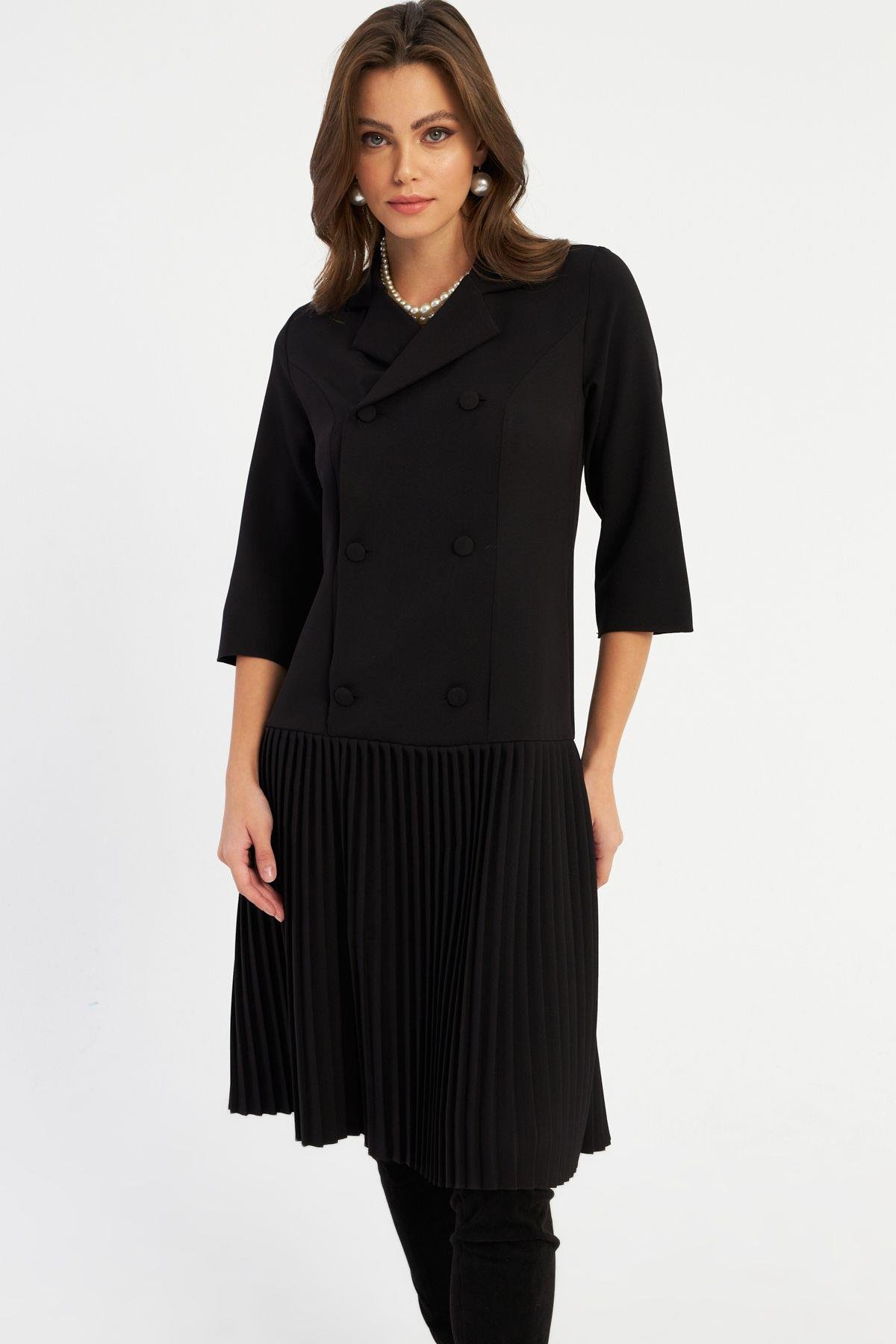 Kadın Siyah Pileli Blazer Midi Elbise MERA100