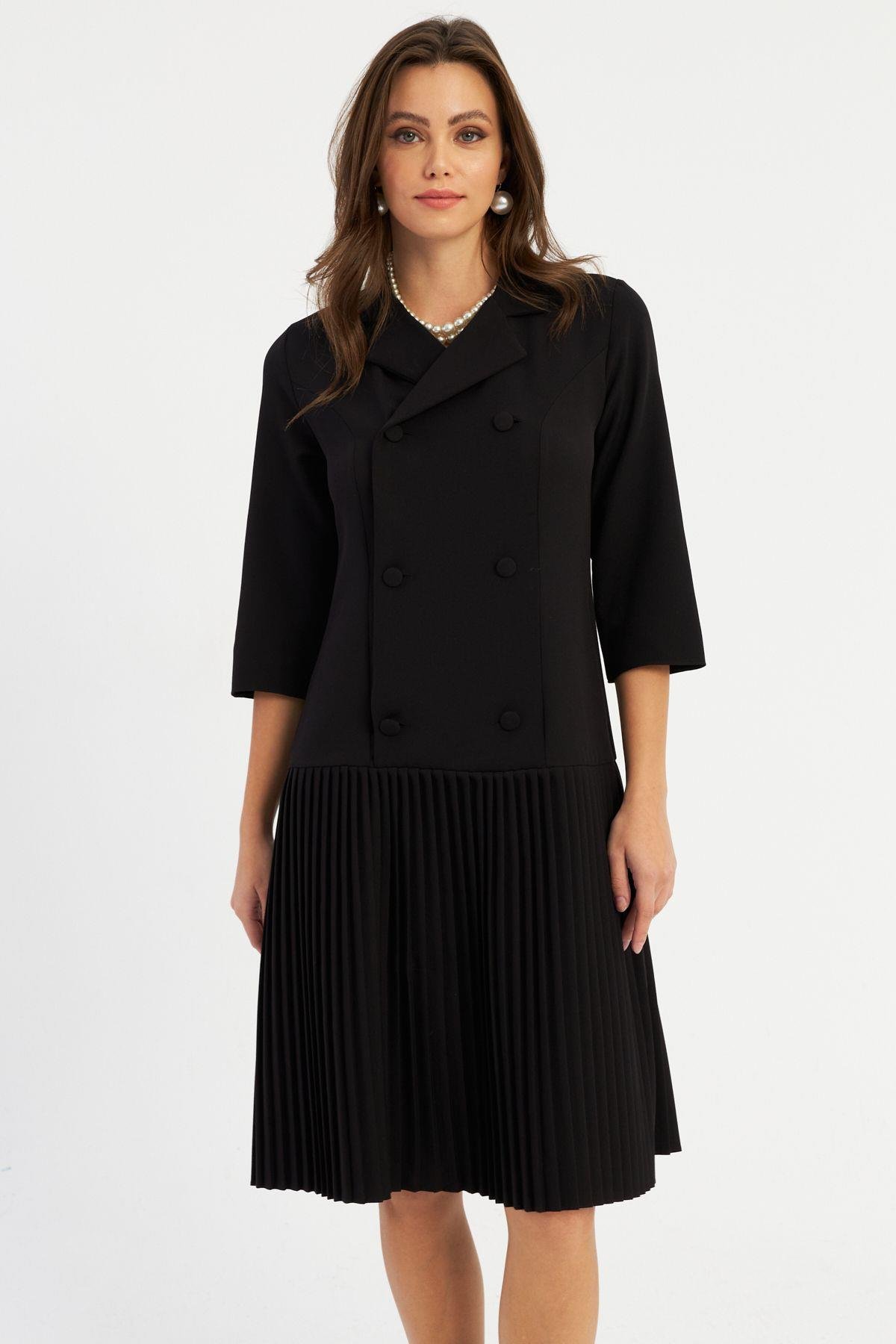 Kadın Siyah Pileli Blazer Midi Elbise MERA100