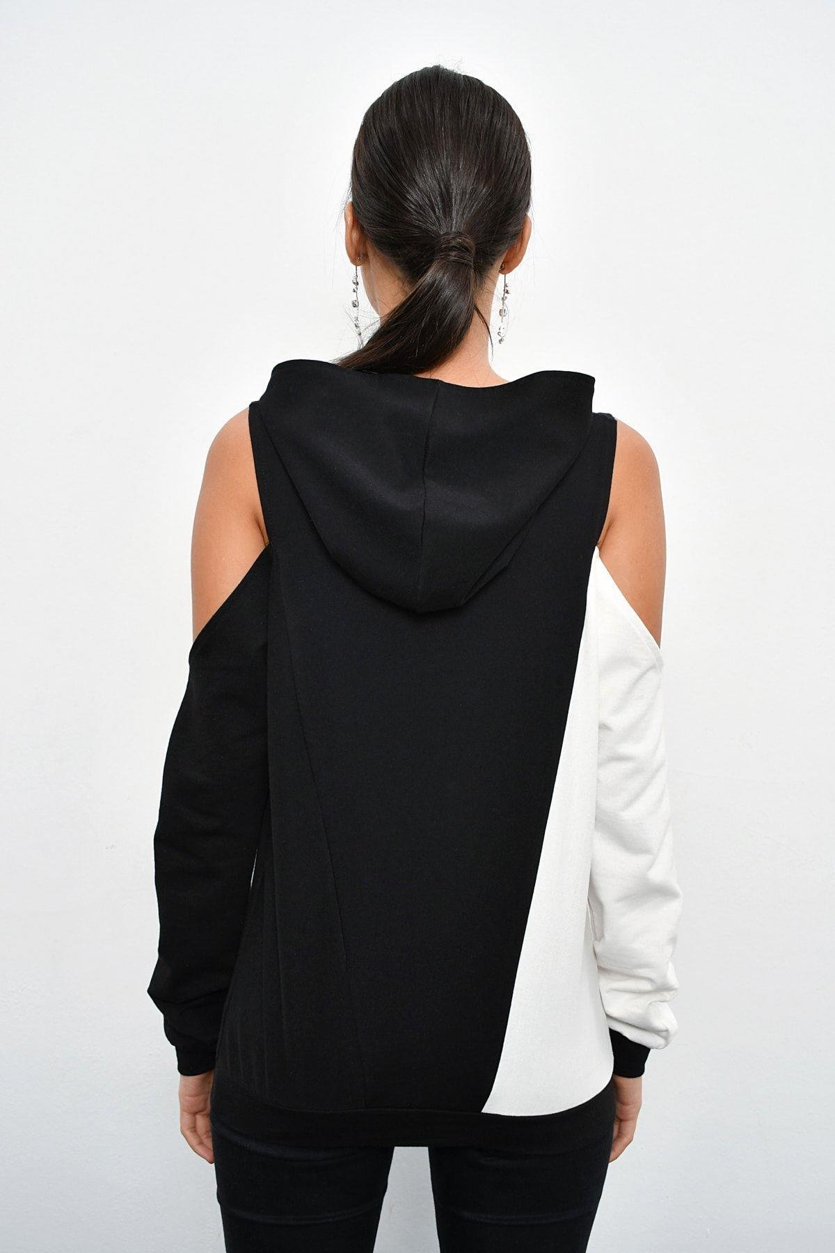 Kadın Siyah Renk Bloklu Omuzları Açık Sweatshirt B23