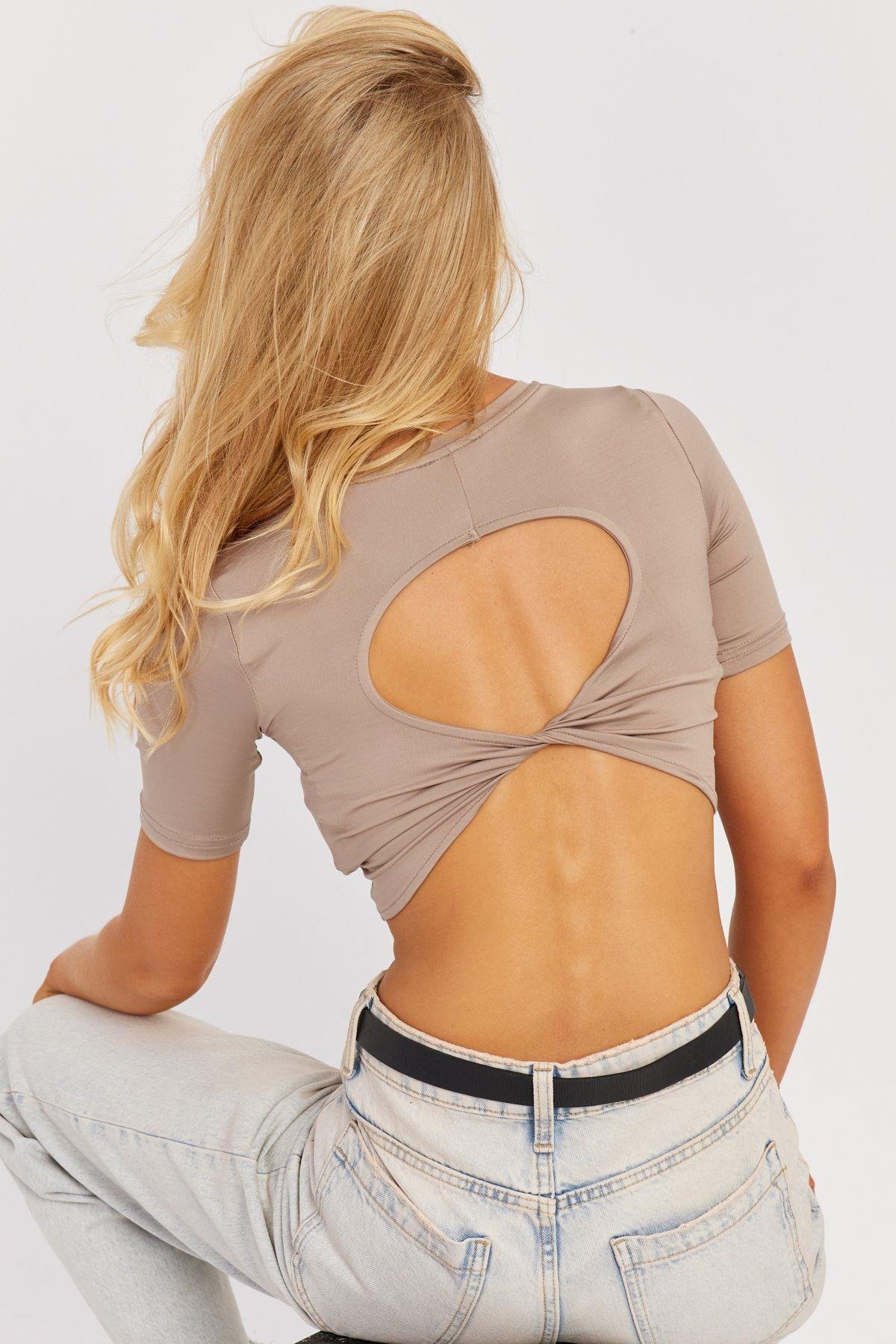 Kadın Siyah Sırt Dekolteli Crop Bluz CY450