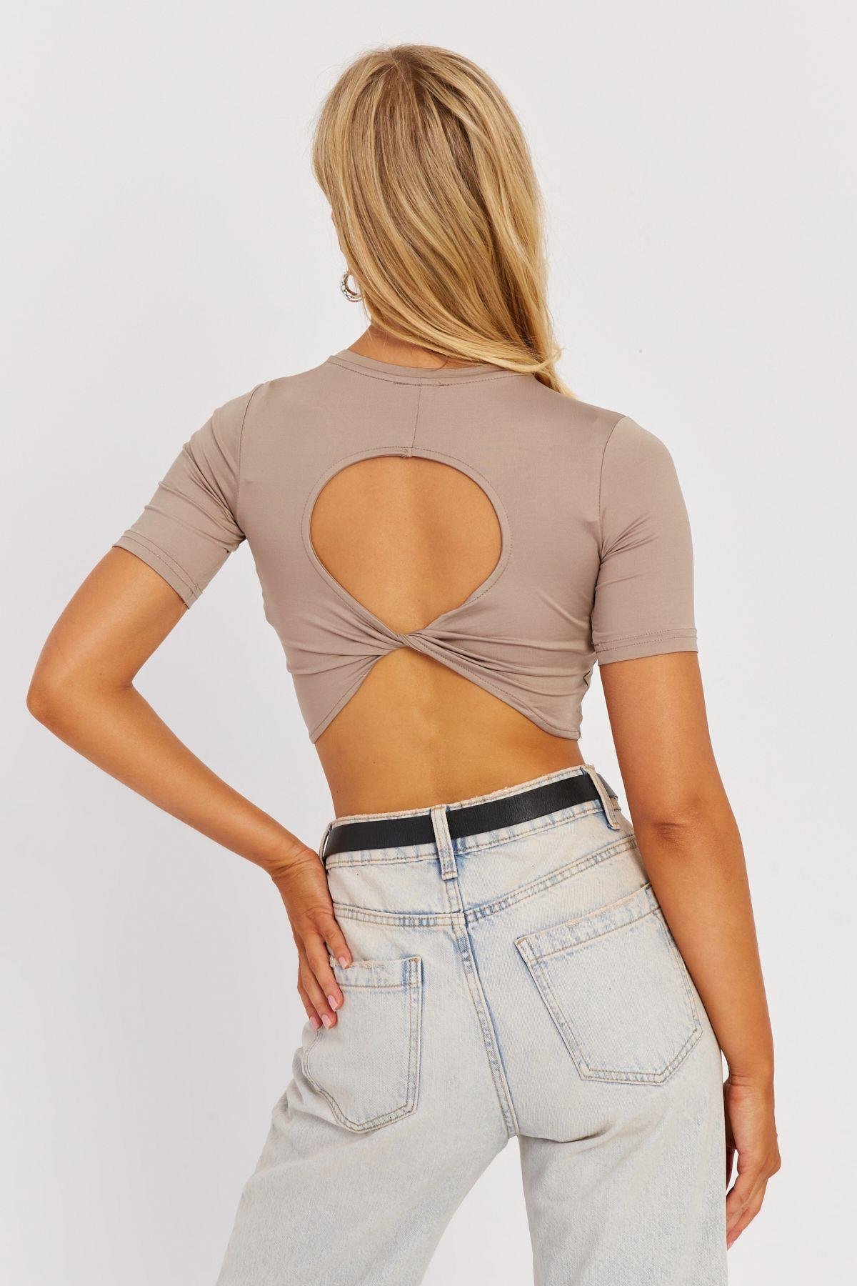 Kadın Siyah Sırt Dekolteli Crop Bluz CY450