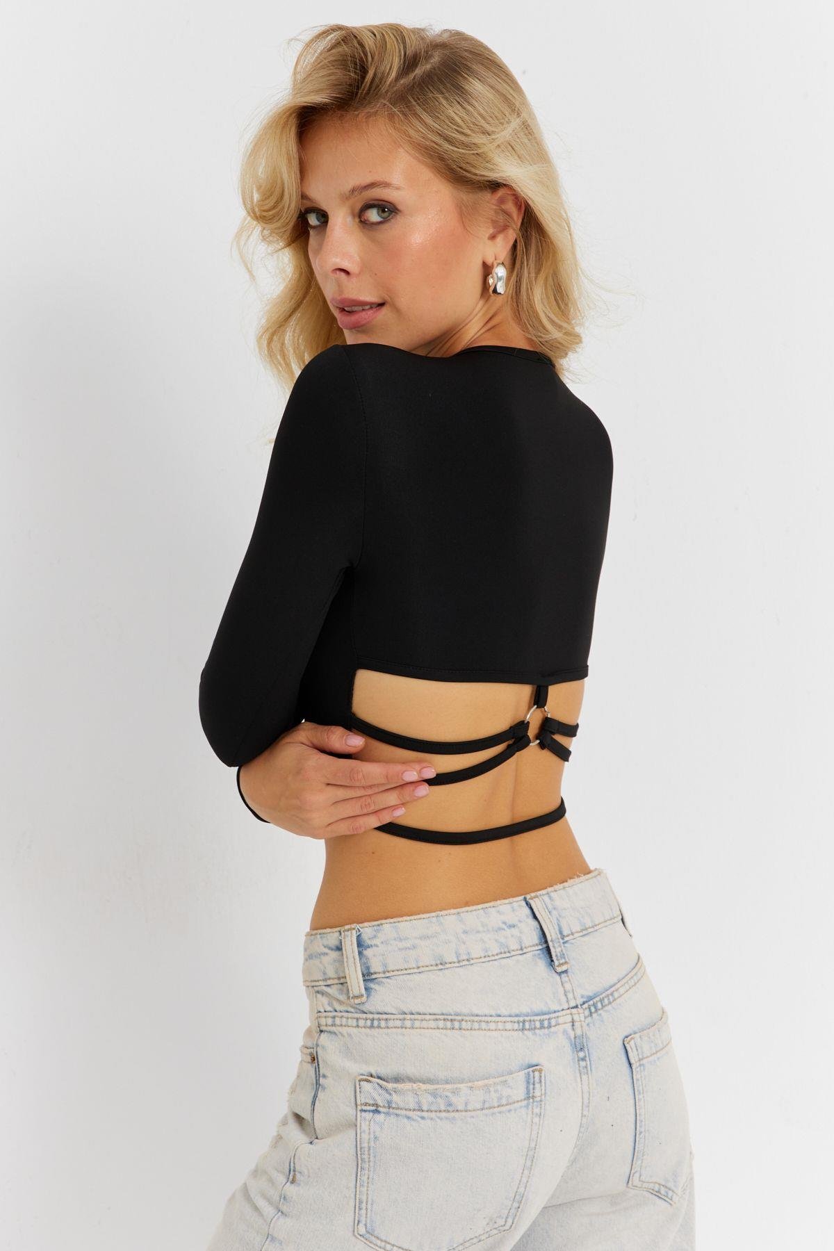 Kadın Siyah Sırt Detaylı Crop Bluz CG365