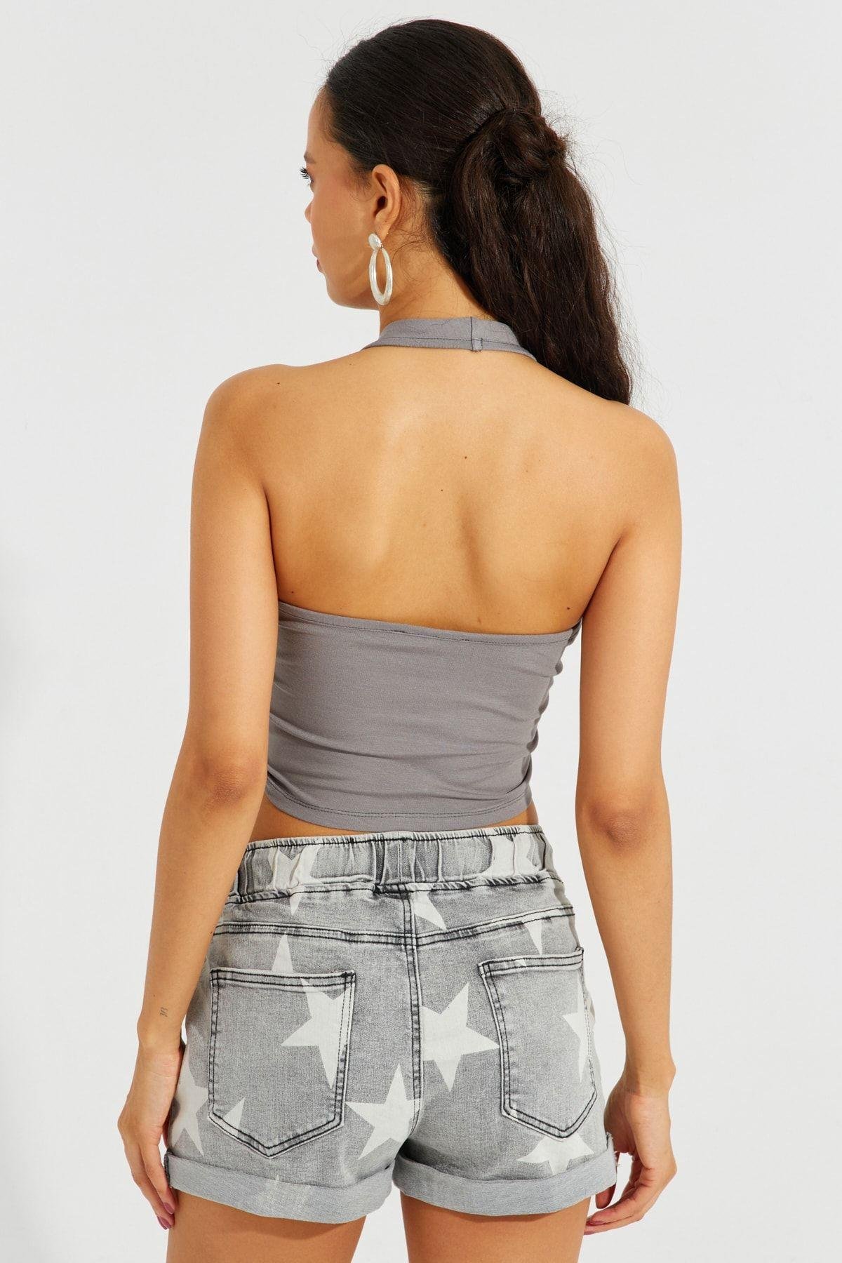 Kadın Siyah Sırtı Açık Crop Bluz B2697