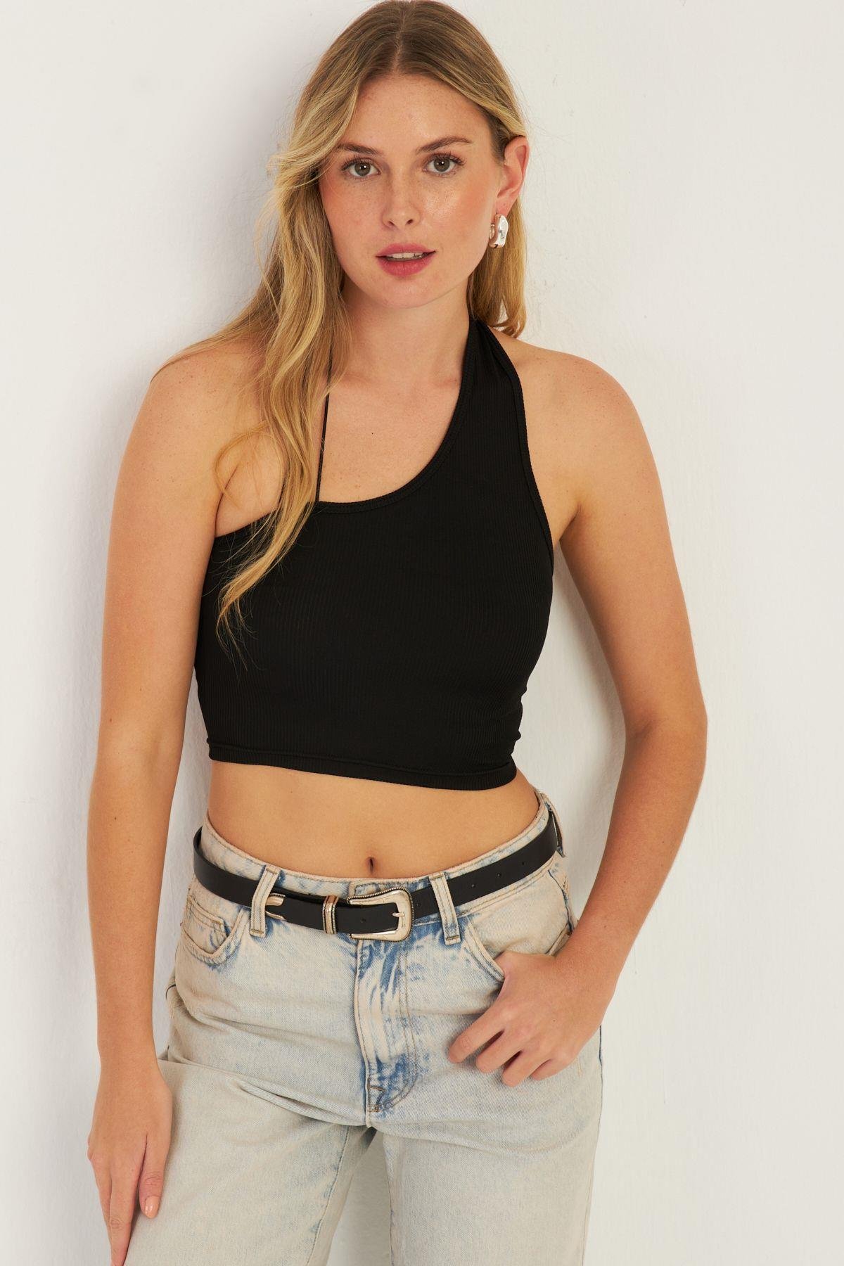 Kadın Siyah Sırtı Açık Crop Bluz CG345