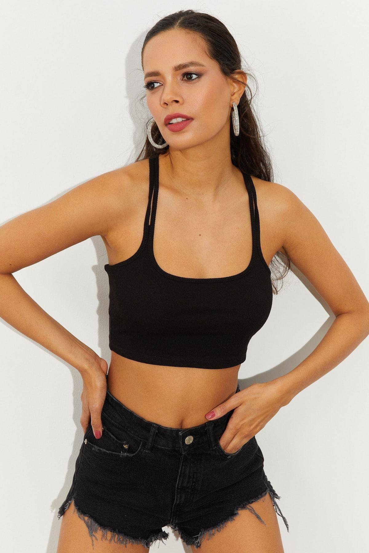 Kadın Siyah Sırtı Halkalı Kaşkorse Crop Bluz B2552