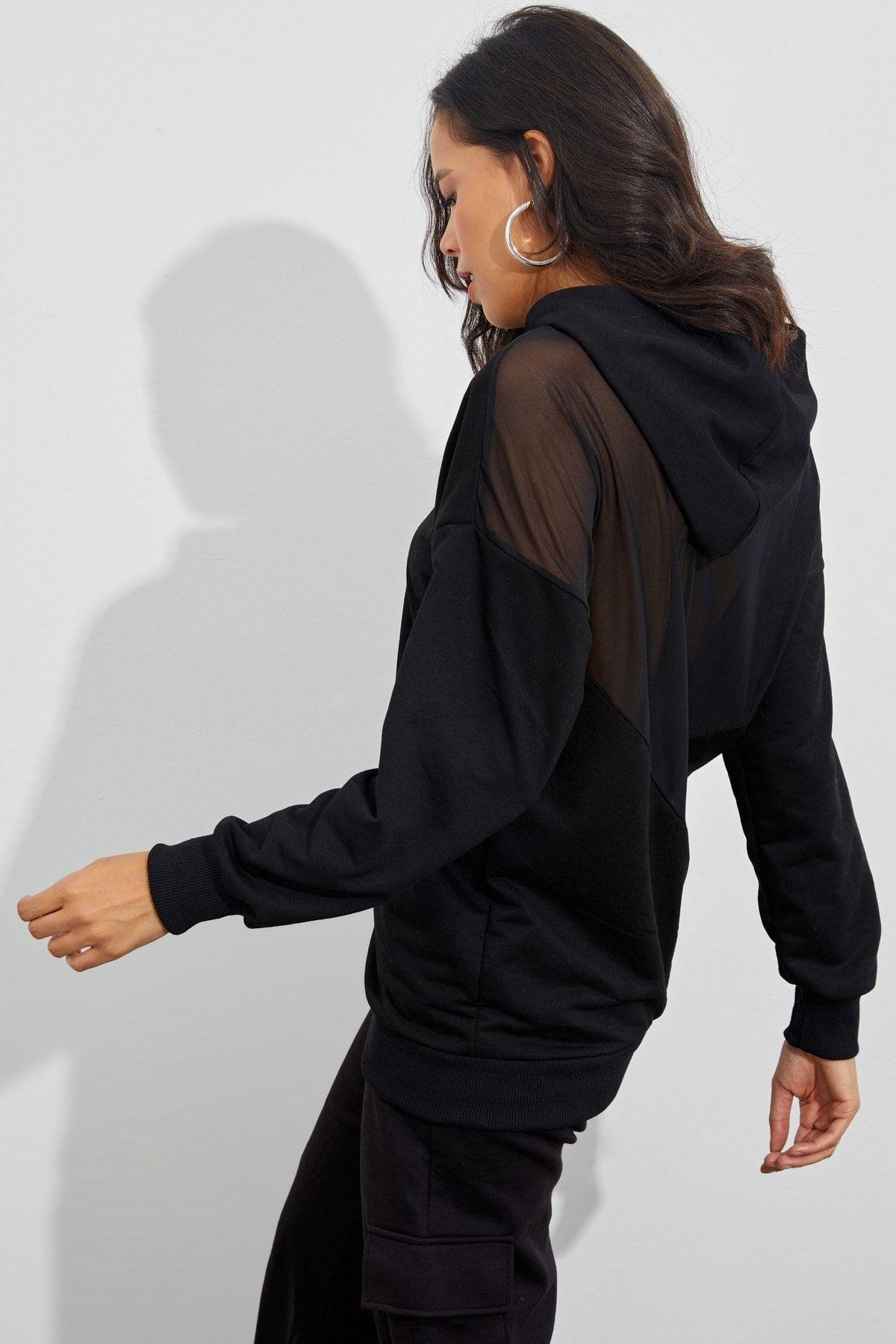 Kadın Siyah Sırtı Tül Kapüşonlu Sweatshirt EY1523