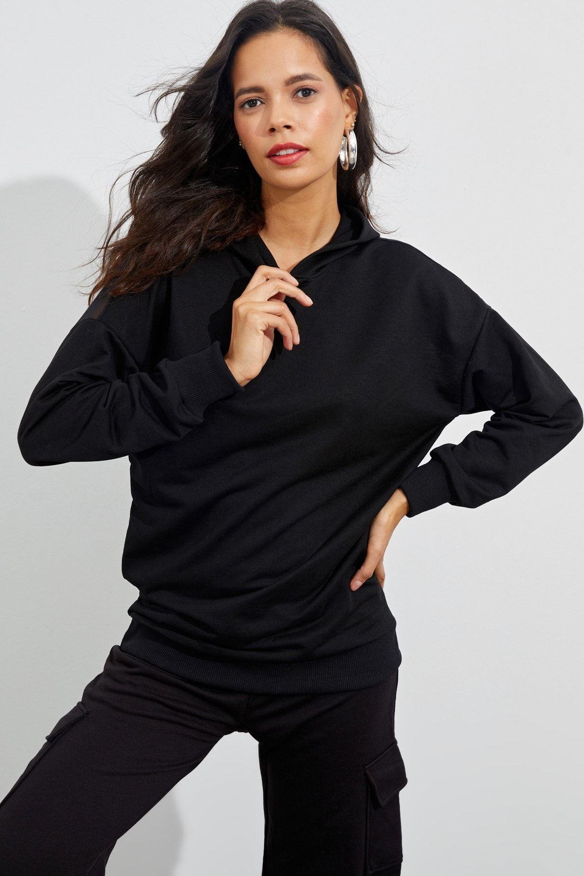 Kadın Siyah Sırtı Tül Kapüşonlu Sweatshirt EY1523